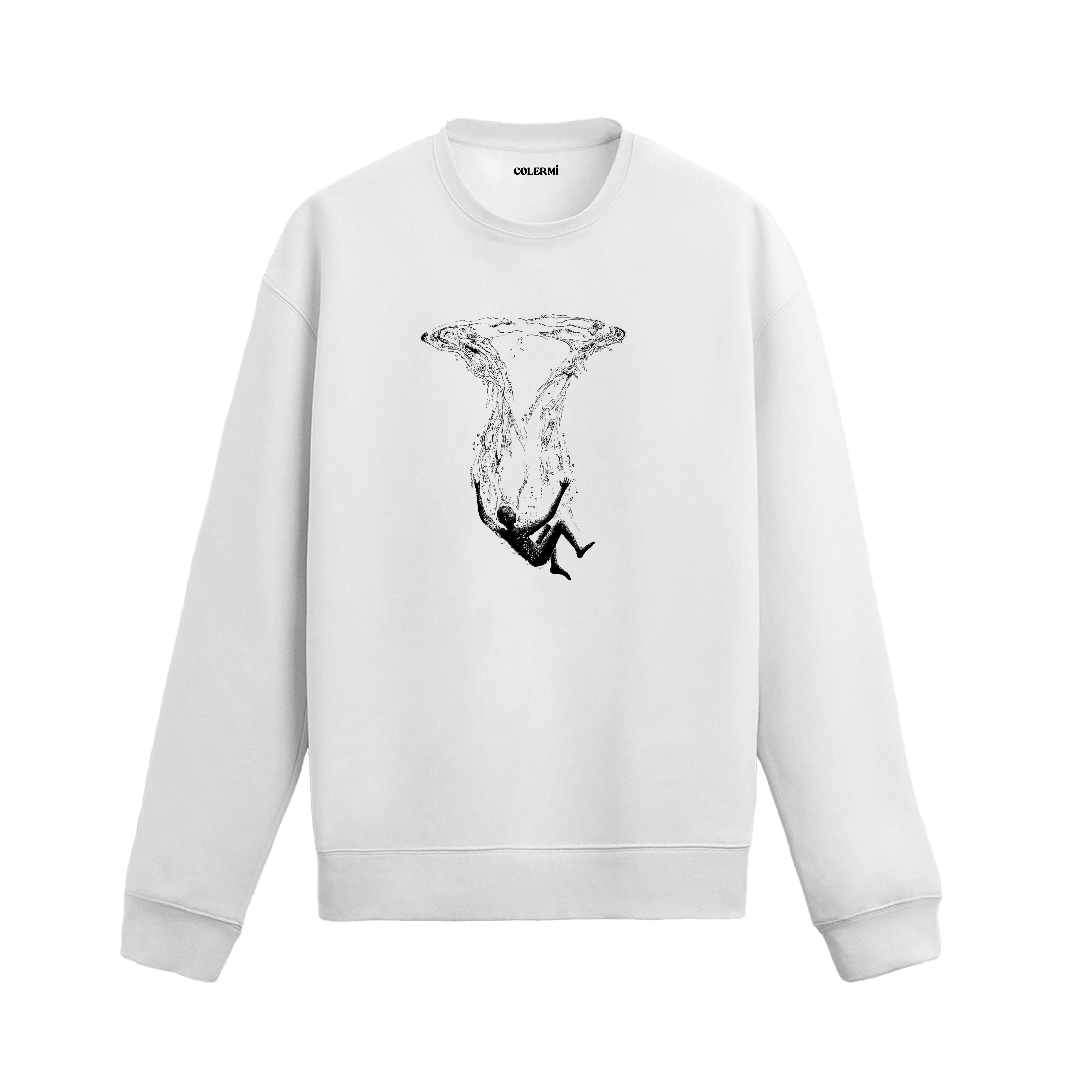 Suyun yüzeyinden aşağı doğru süzülen insan silueti figürlü Colermi sweatshirt.