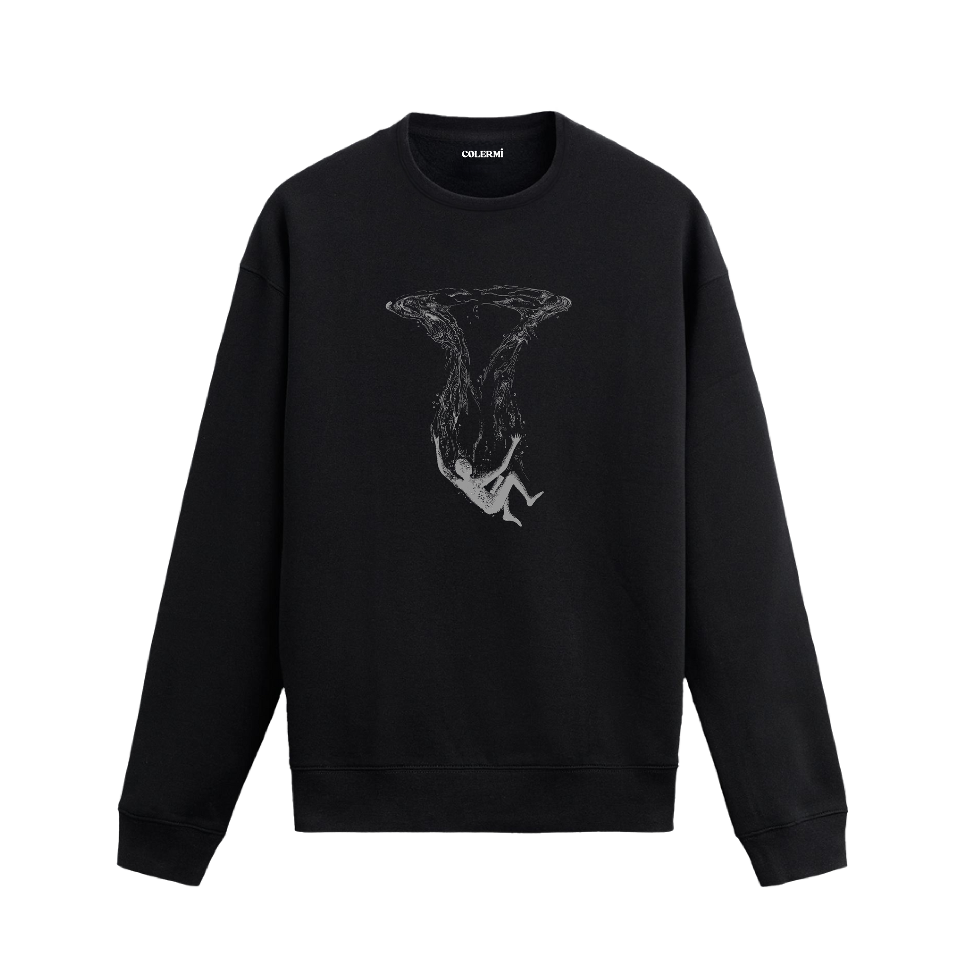 Suyun yüzeyinden aşağı doğru süzülen insan silueti figürlü Colermi sweatshirt.