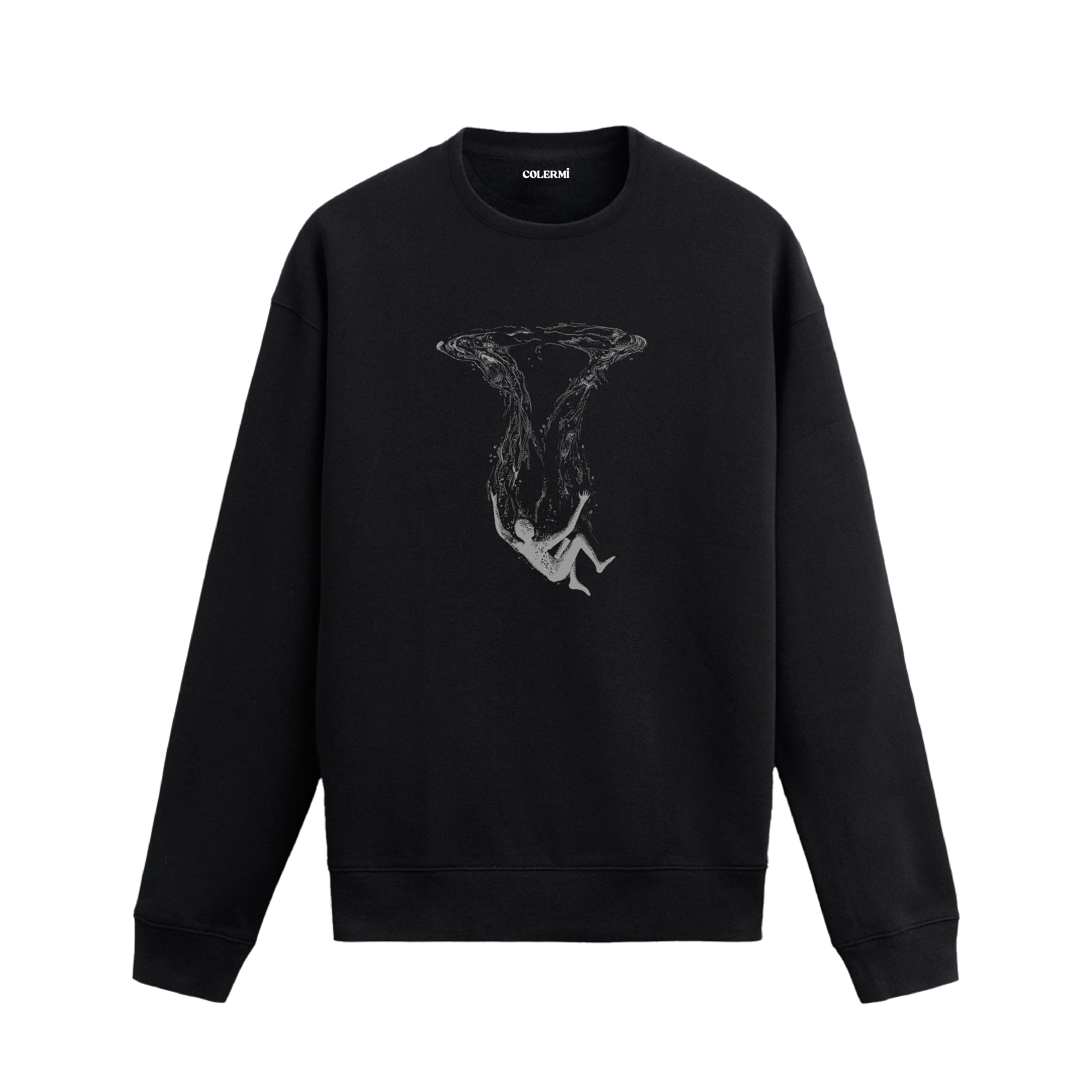 Suyun yüzeyinden aşağı doğru süzülen insan silueti figürlü Colermi sweatshirt.
