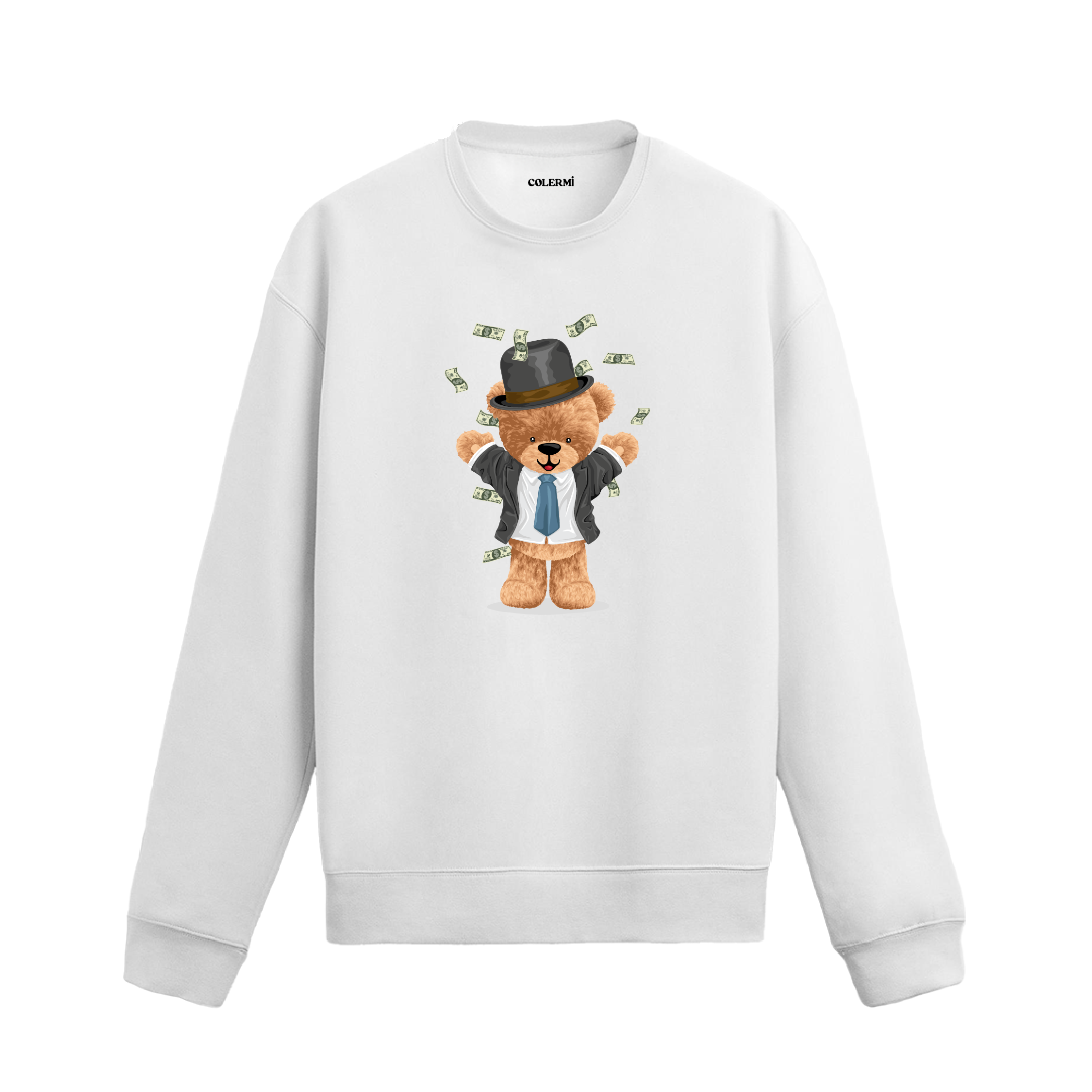 Money Bear Ayıcık Baskılı Sweatshirt, para temalı eğlenceli tasarımı ve %100 pamuklu kumaşı ile rahat ve özgün bir stil sunuyor.