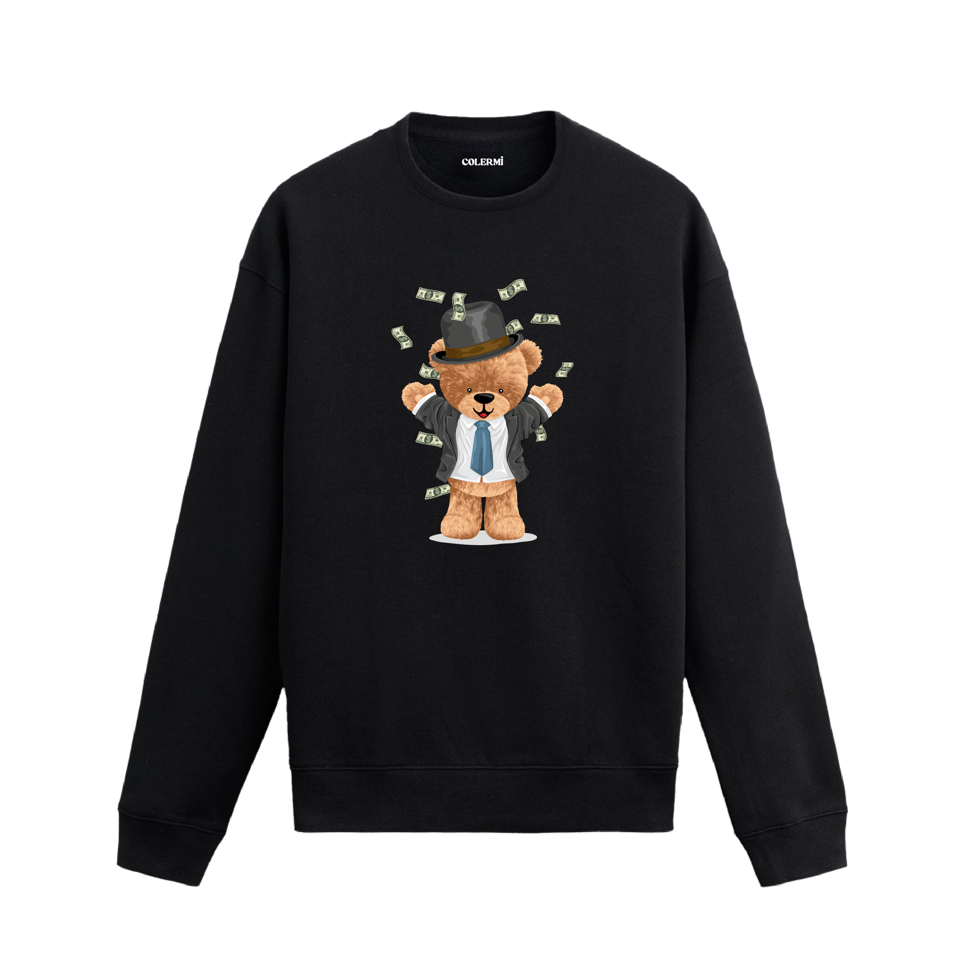 Money Bear Ayıcık Baskılı Sweatshirt, para temalı eğlenceli tasarımı ve %100 pamuklu kumaşı ile rahat ve özgün bir stil sunuyor.
