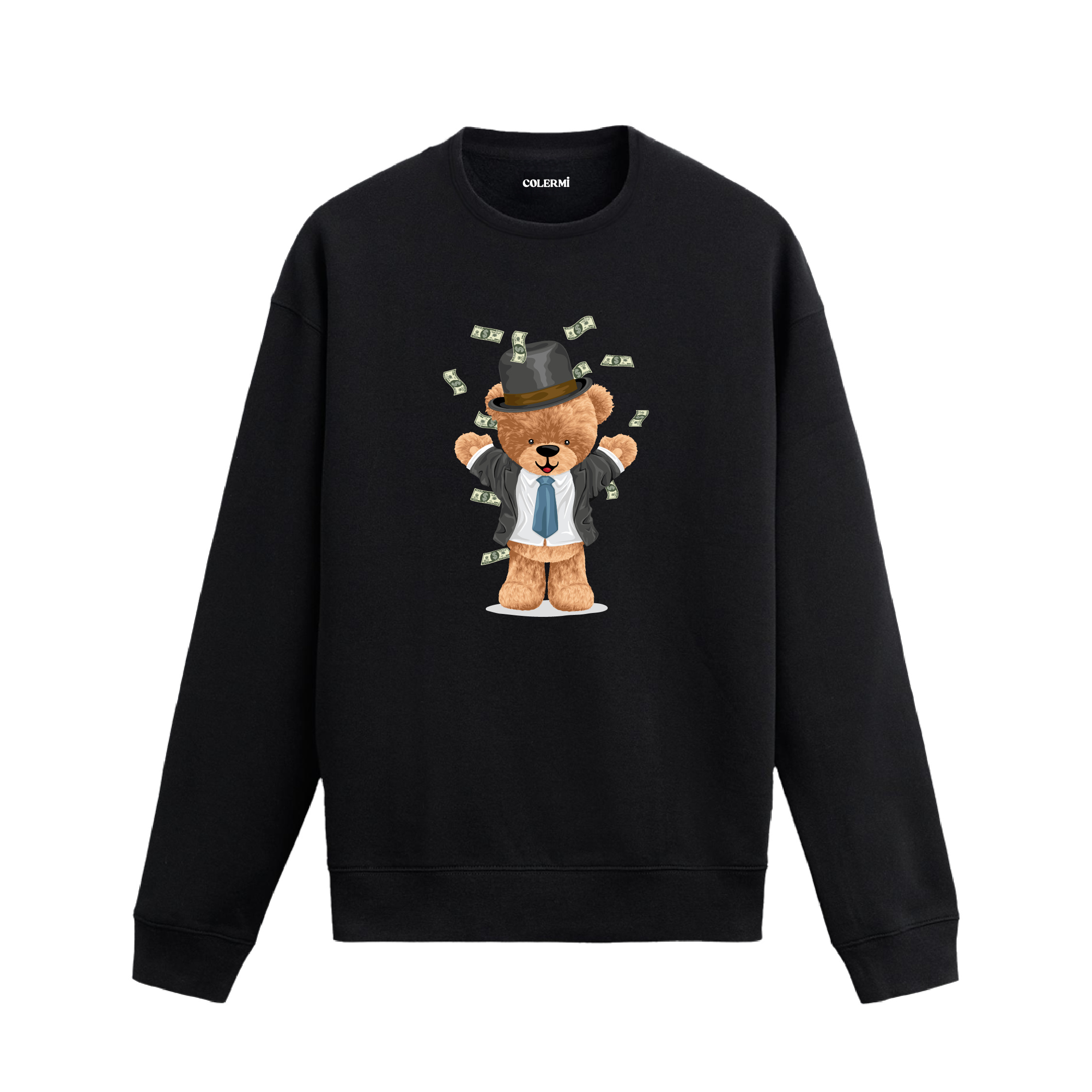 Money Bear Ayıcık Baskılı Sweatshirt, para temalı eğlenceli tasarımı ve %100 pamuklu kumaşı ile rahat ve özgün bir stil sunuyor.