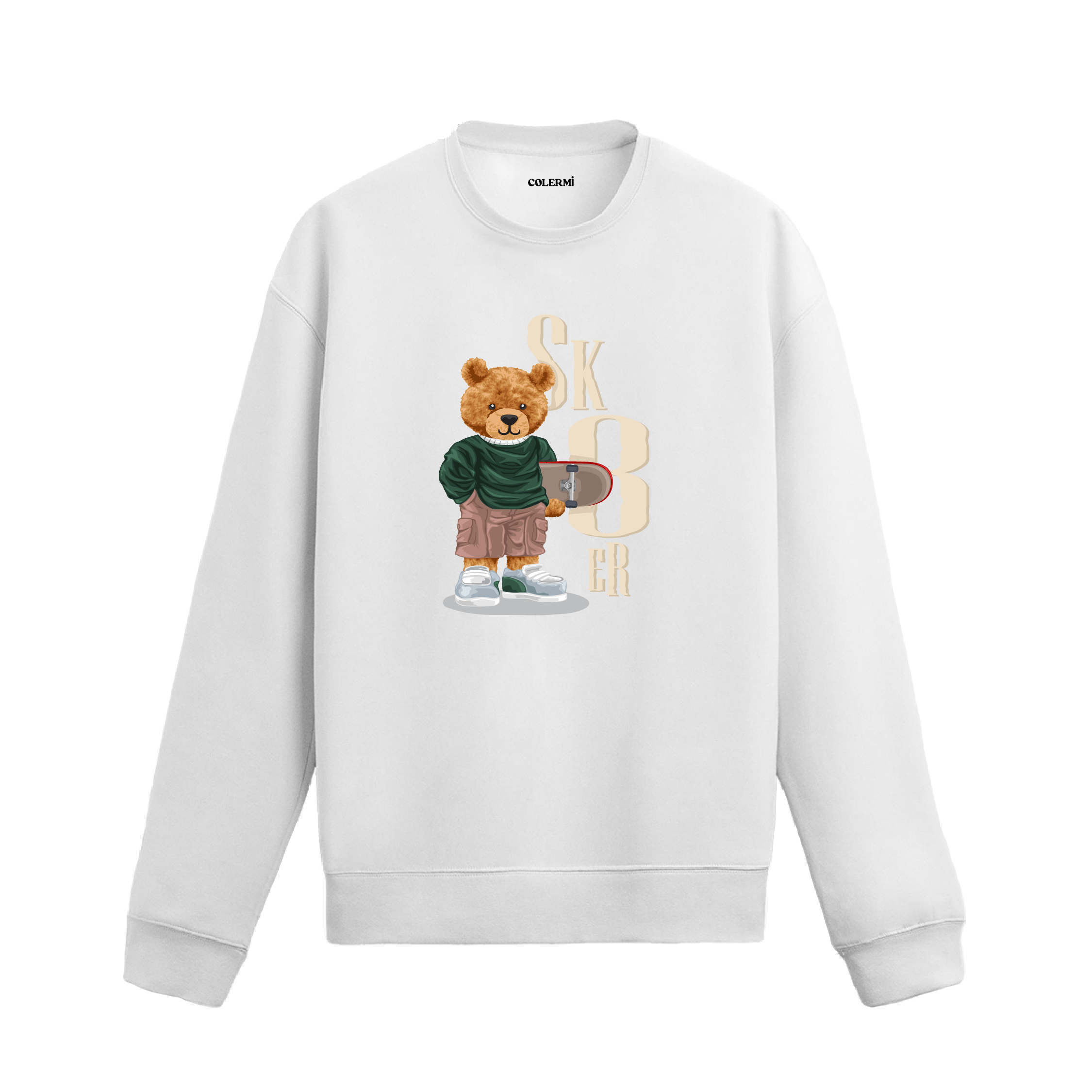 Skater Bear Ayıcık Baskılı Sweatshirt, kaykay temalı tasarımı ve %100 pamuklu kumaşı ile konforlu ve enerjik bir stil sunuyor.
