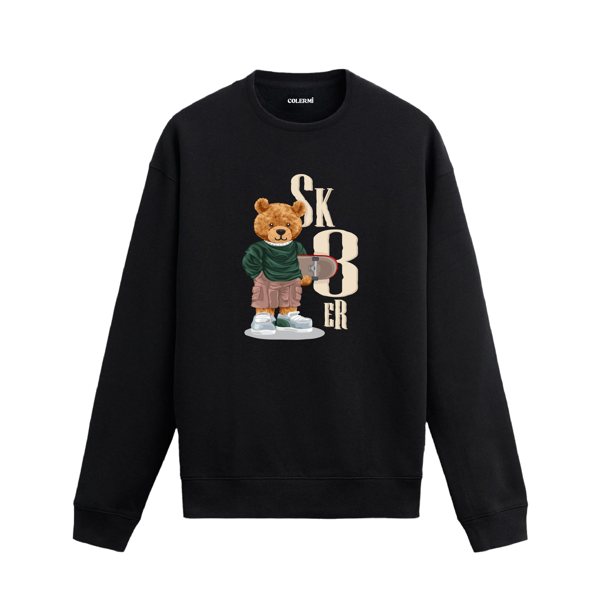 Skater Bear Ayıcık Baskılı Sweatshirt, kaykay temalı tasarımı ve %100 pamuklu kumaşı ile konforlu ve enerjik bir stil sunuyor.