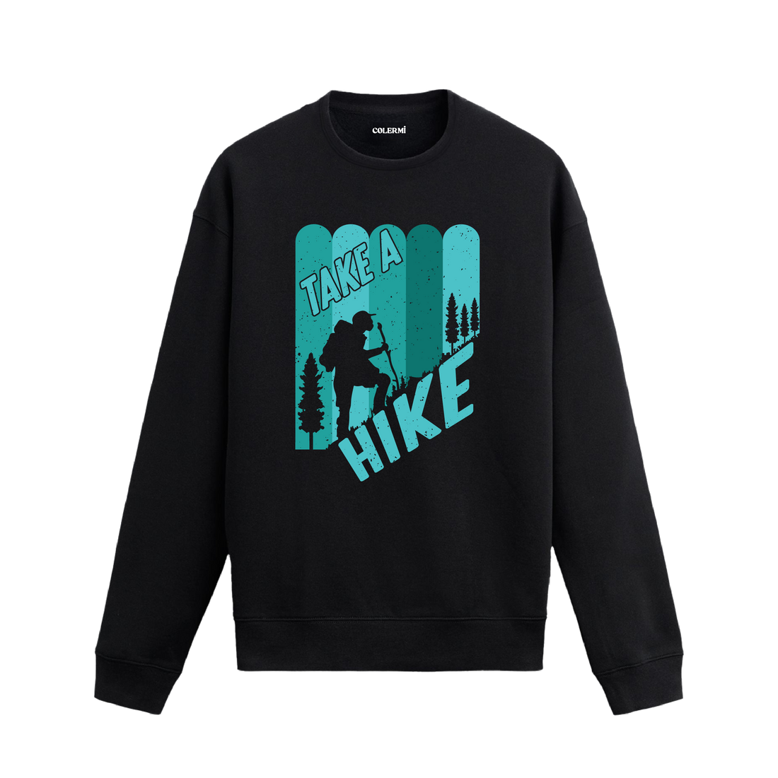 Üzerinde doğa yürüyüşü temalı “Take a Hike” tasarımı bulunan siyah sweatshirt modeli.
