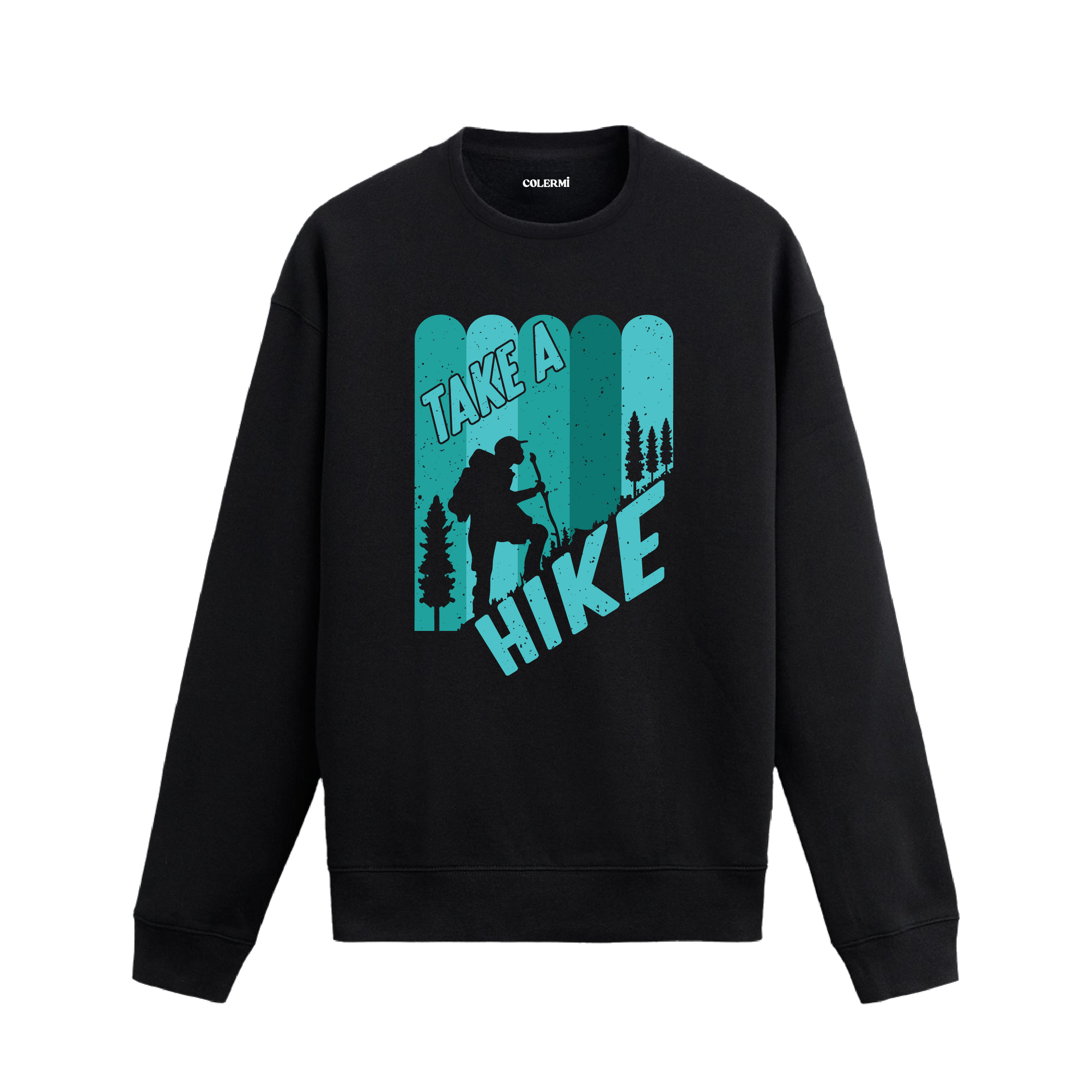Üzerinde doğa yürüyüşü temalı “Take a Hike” tasarımı bulunan siyah sweatshirt modeli.