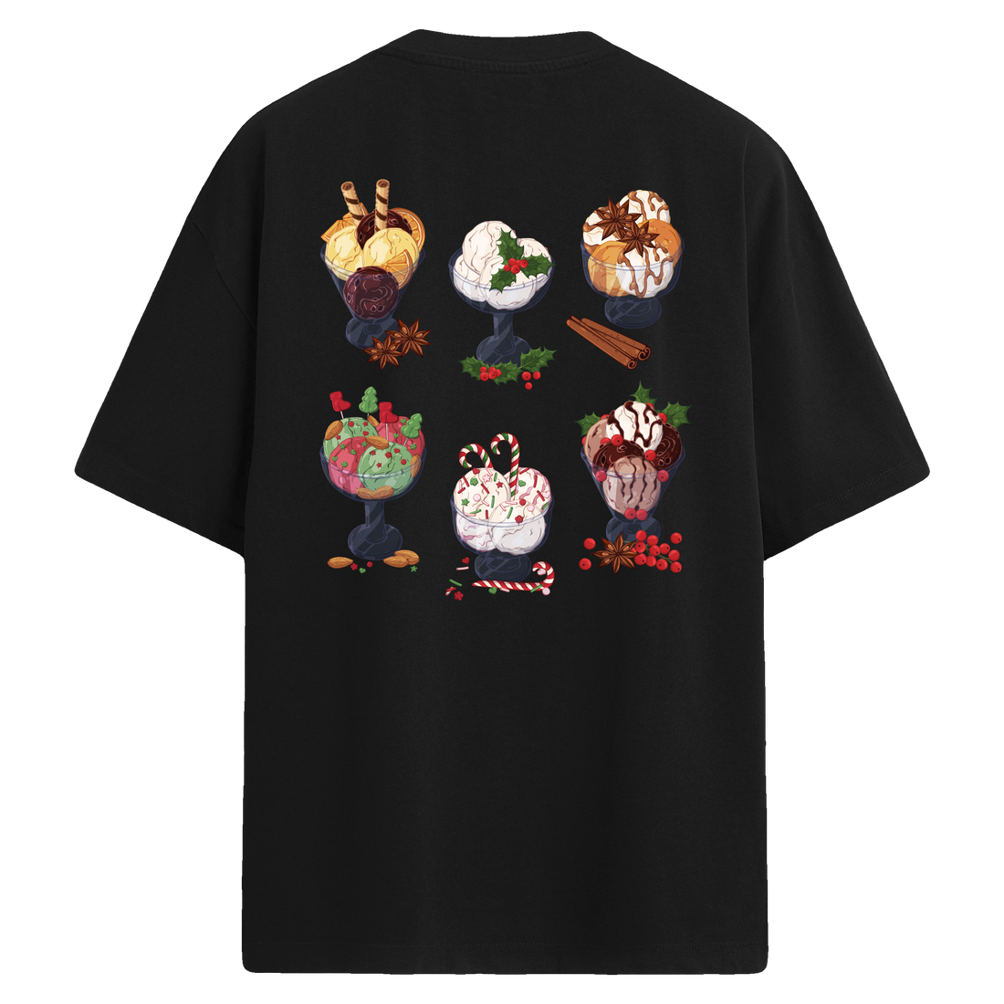 Sırt baskılı oversize tişört üzerinde tatlı temalı illüstrasyon