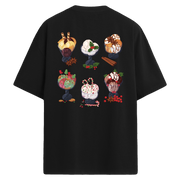 Sırt baskılı oversize tişört üzerinde tatlı temalı illüstrasyon