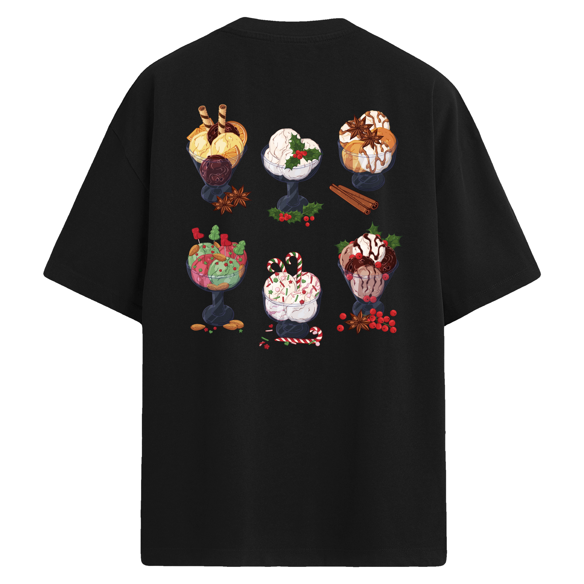 Sırt baskılı oversize tişört üzerinde tatlı temalı illüstrasyon