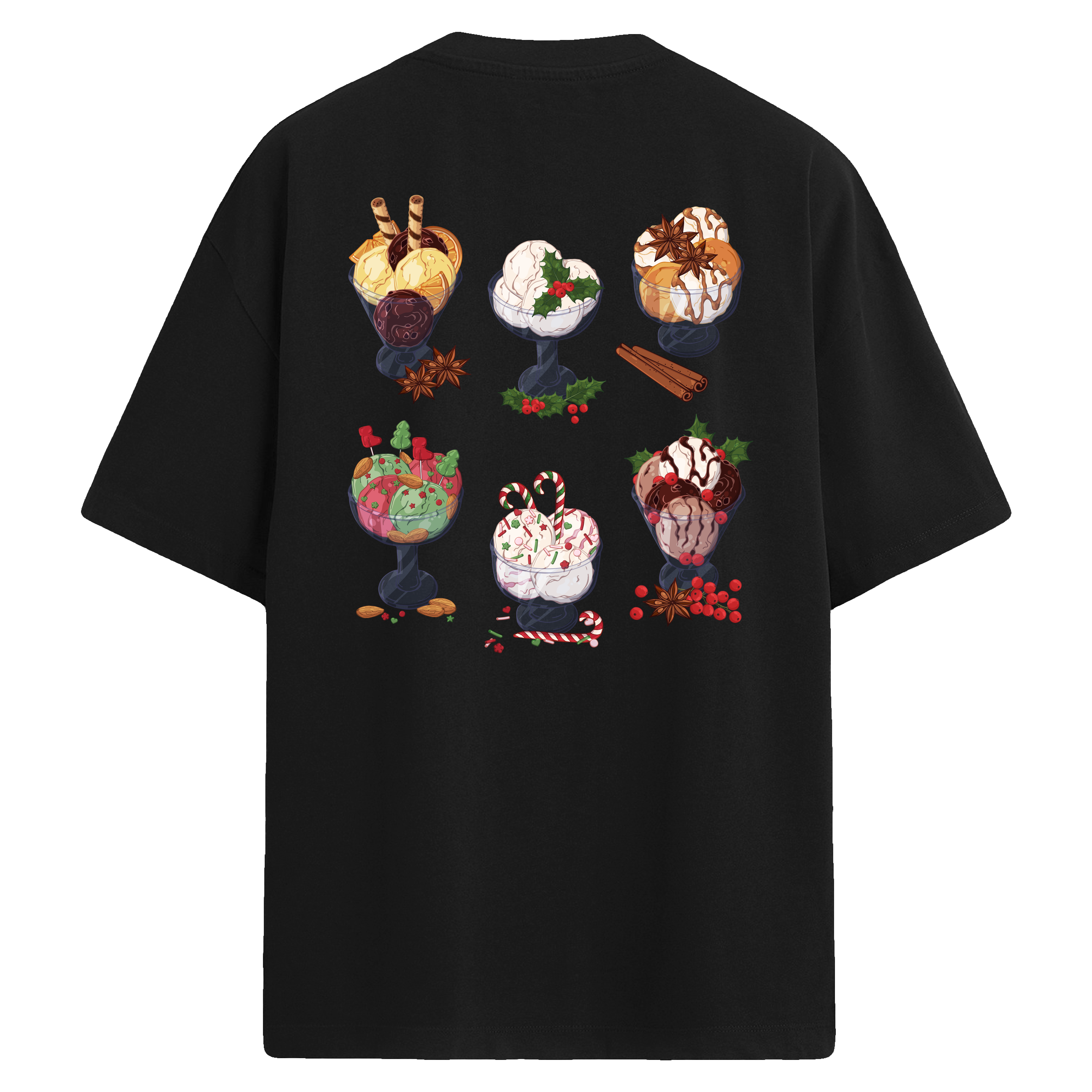 Sırt baskılı oversize tişört üzerinde tatlı temalı illüstrasyon