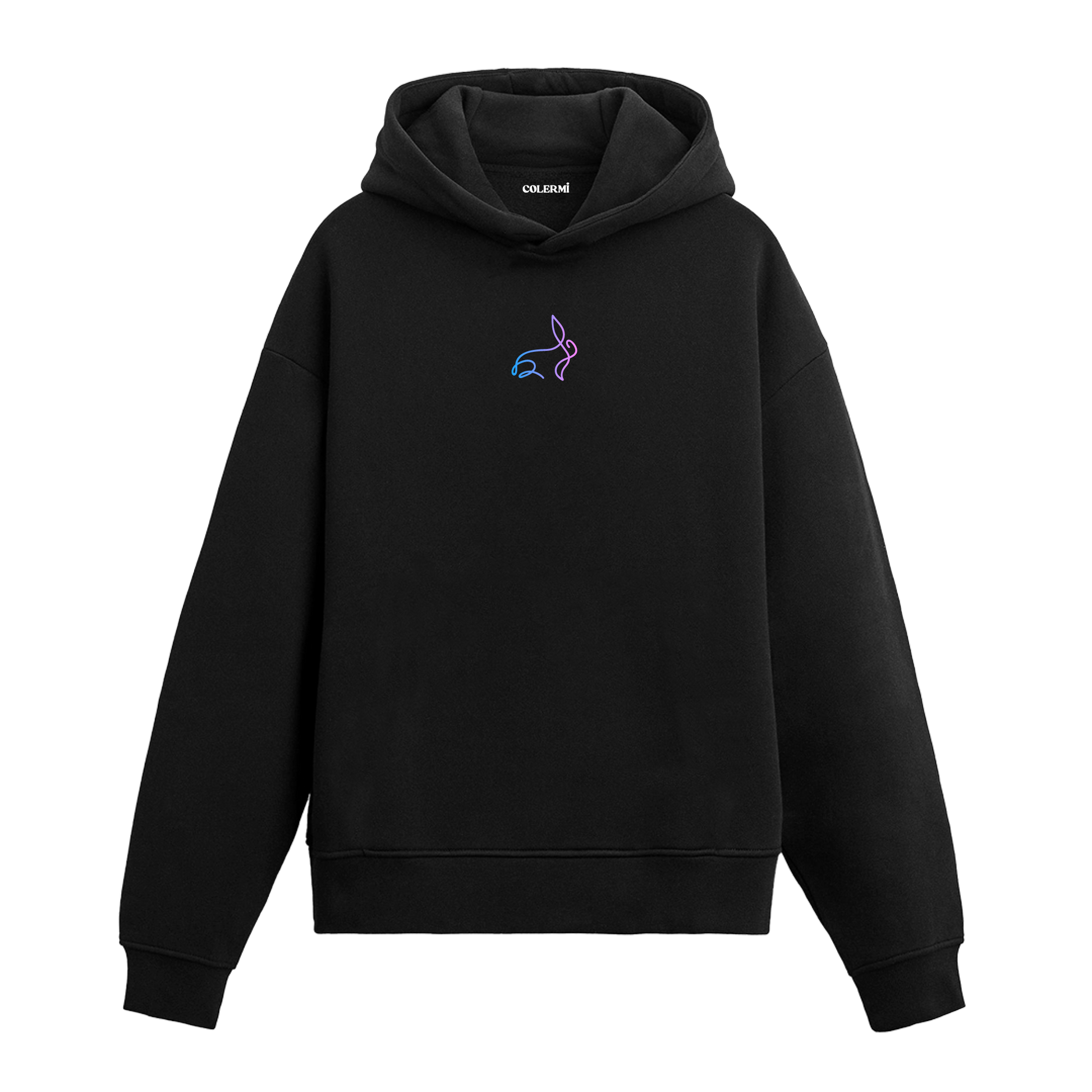 Siyah hoodie üzerinde neon tavşan baskısı