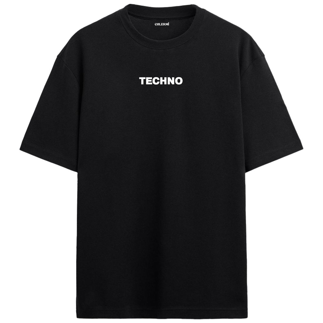“TECHNO” yazılı minimal tasarımlı oversize tişört, sade görünümü ve rahat kesimiyle modern bir stil sunar.