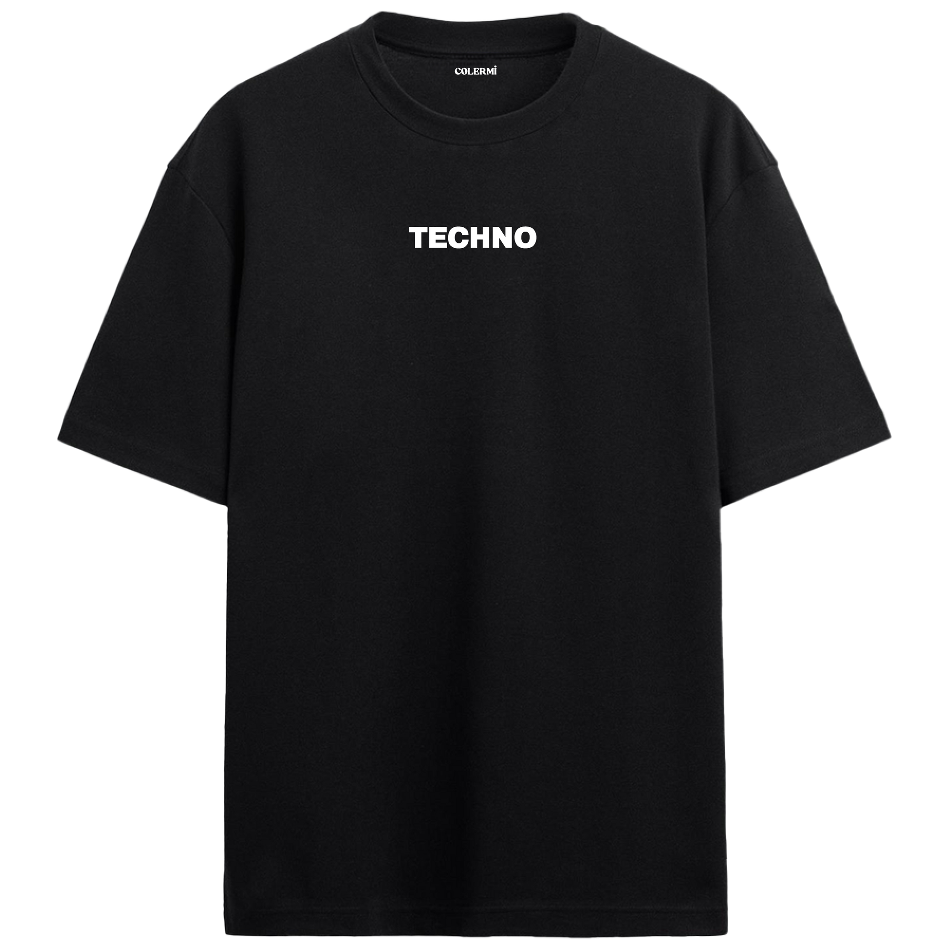 “TECHNO” yazılı minimal tasarımlı oversize tişört, sade görünümü ve rahat kesimiyle modern bir stil sunar.