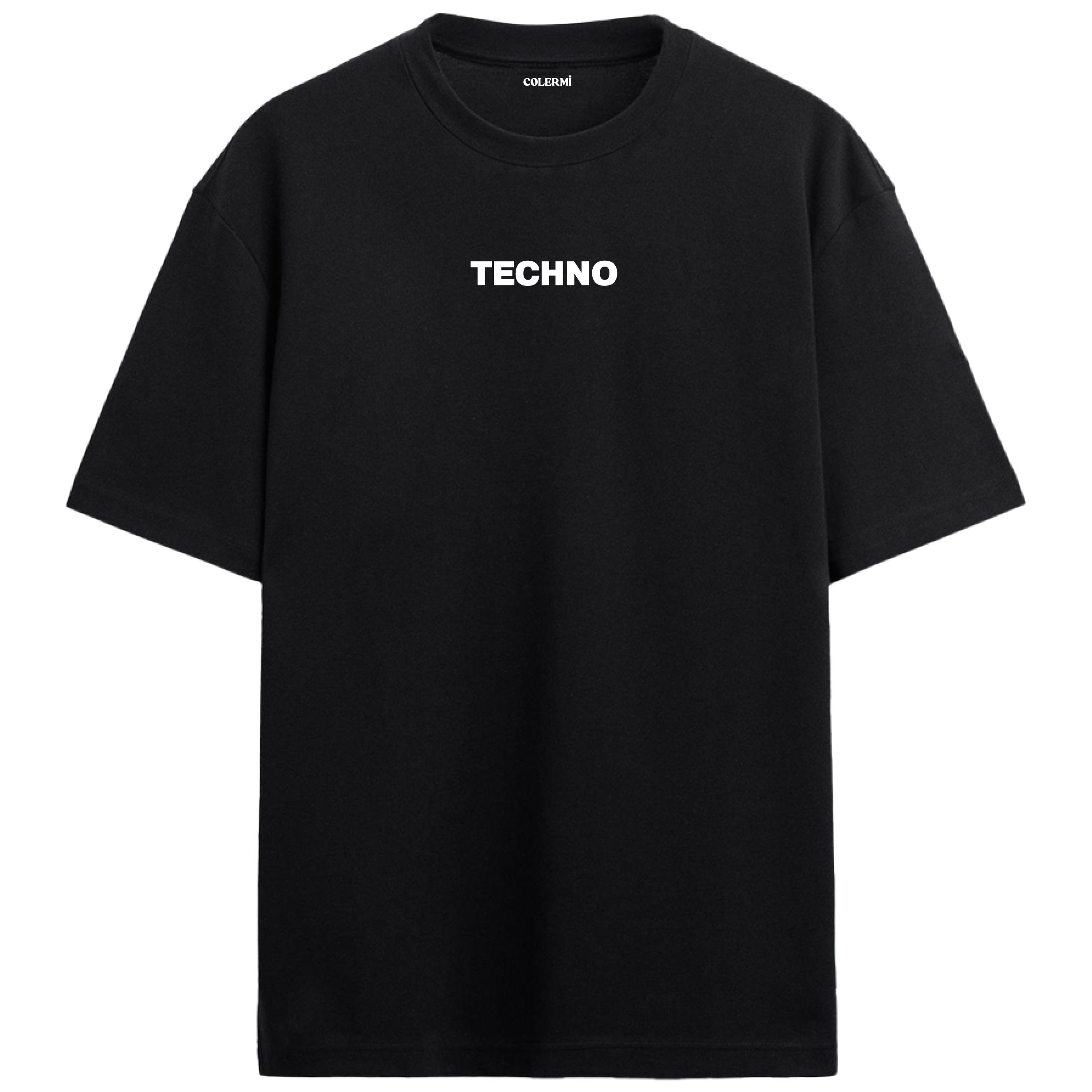 “TECHNO” yazılı minimal tasarımlı oversize tişört, sade görünümü ve rahat kesimiyle modern bir stil sunar.