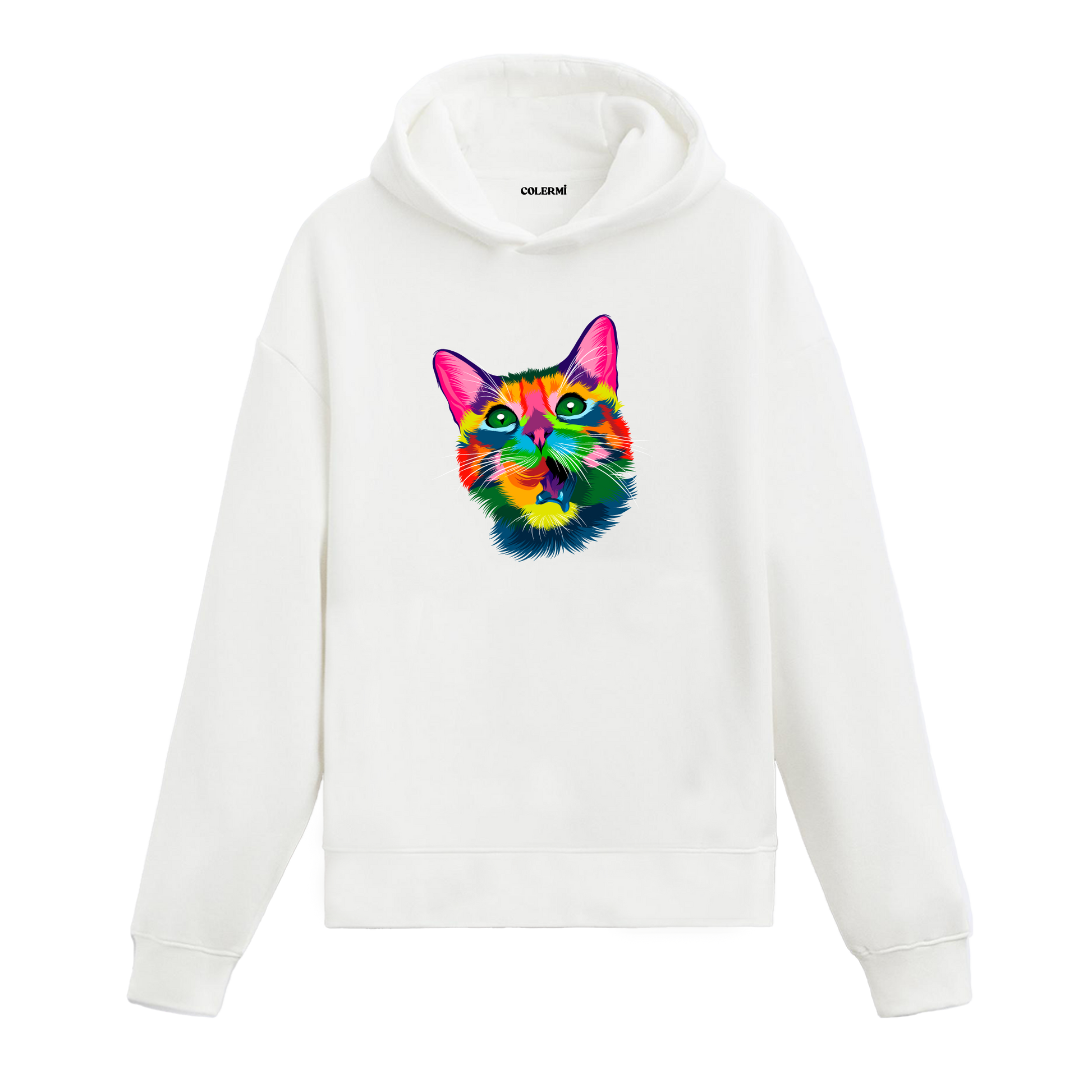 Renkli tembel kedi yüzü baskılı beyaz hoodie