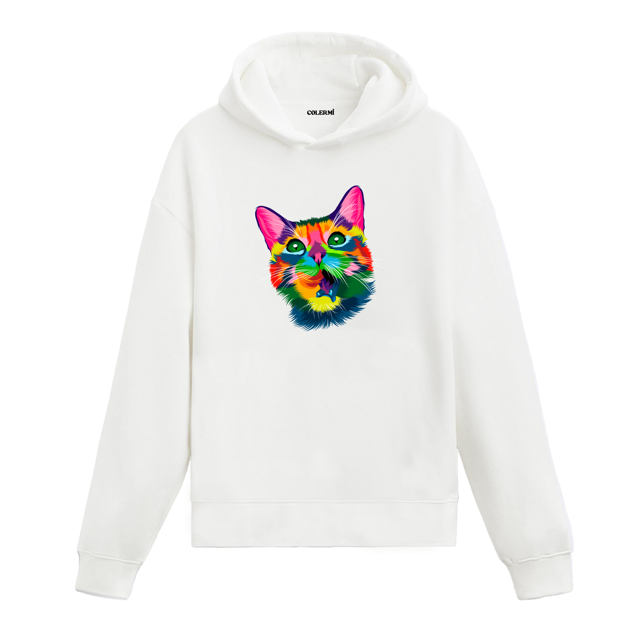 Renkli tembel kedi yüzü baskılı beyaz hoodie
