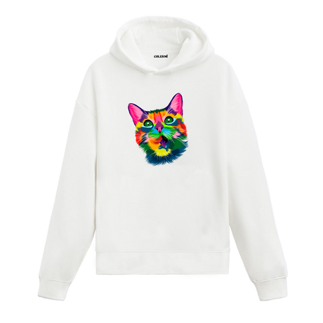 Renkli tembel kedi yüzü baskılı beyaz hoodie