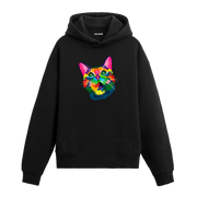 Renkli tembel kedi yüzü baskılı siyah hoodie