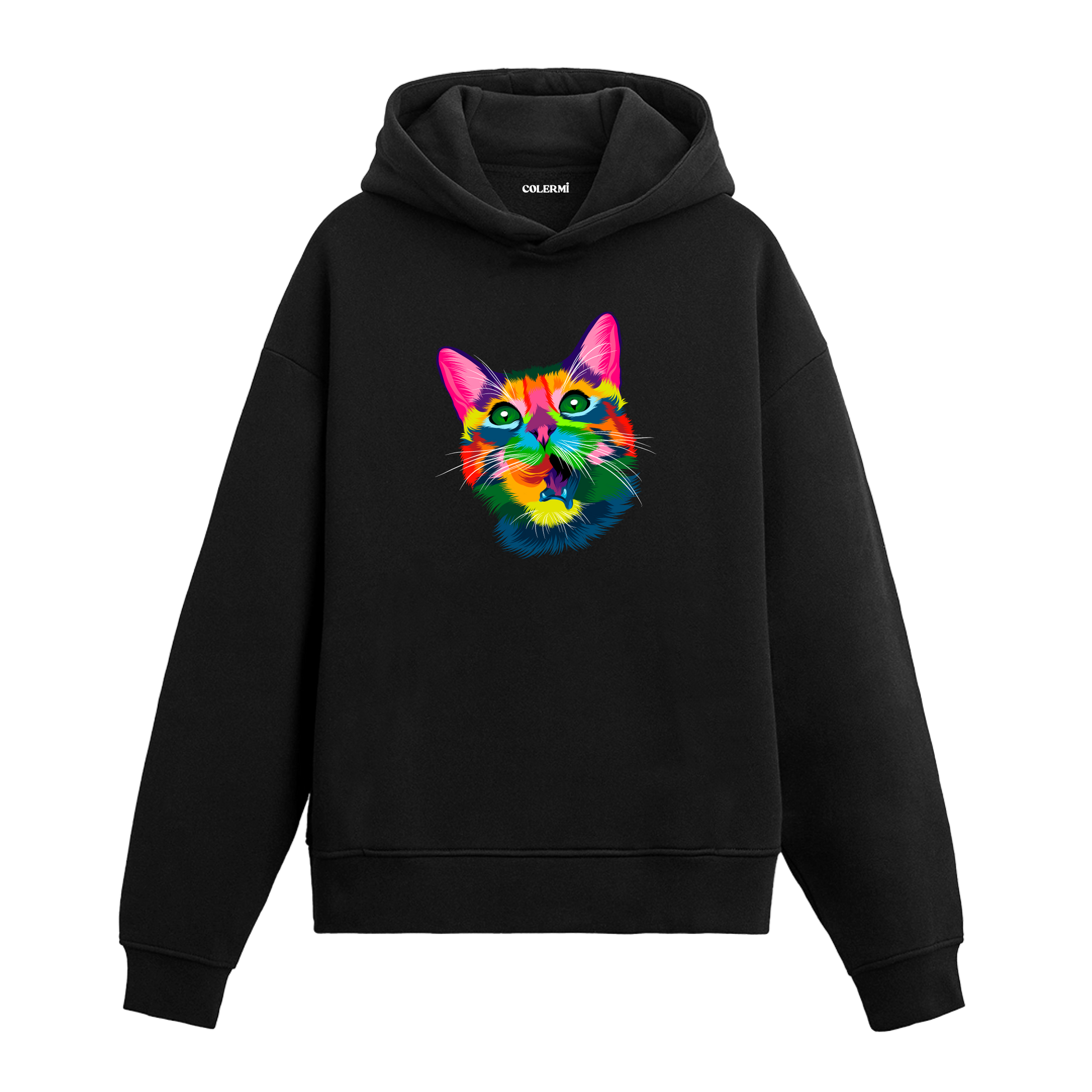 Renkli tembel kedi yüzü baskılı siyah hoodie