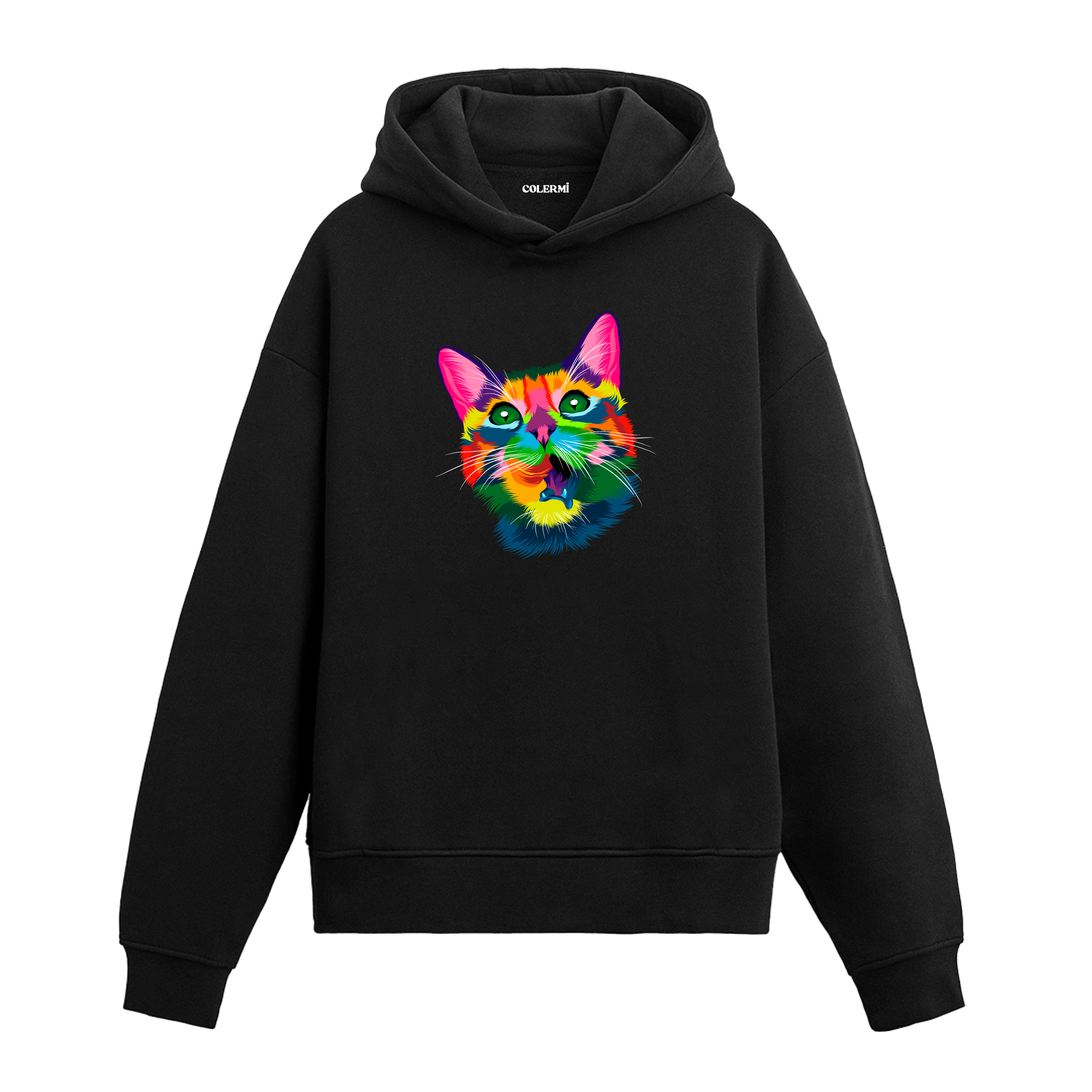 Renkli tembel kedi yüzü baskılı siyah hoodie