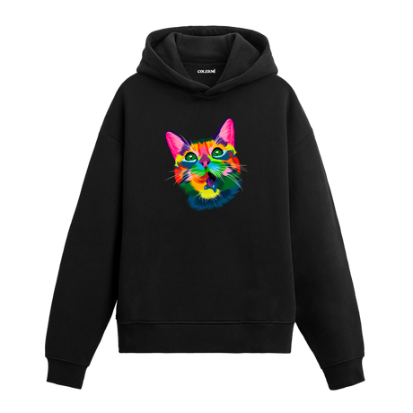 Renkli tembel kedi yüzü baskılı siyah hoodie