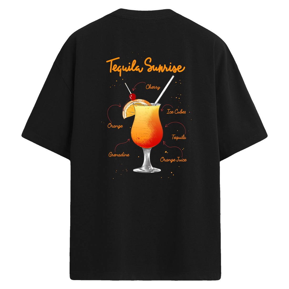 Tequila Sunrise baskılı, kokteyl tarifli oversize sırt detaylı tişört