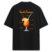 Tequila Sunrise baskılı, kokteyl tarifli oversize sırt detaylı tişört