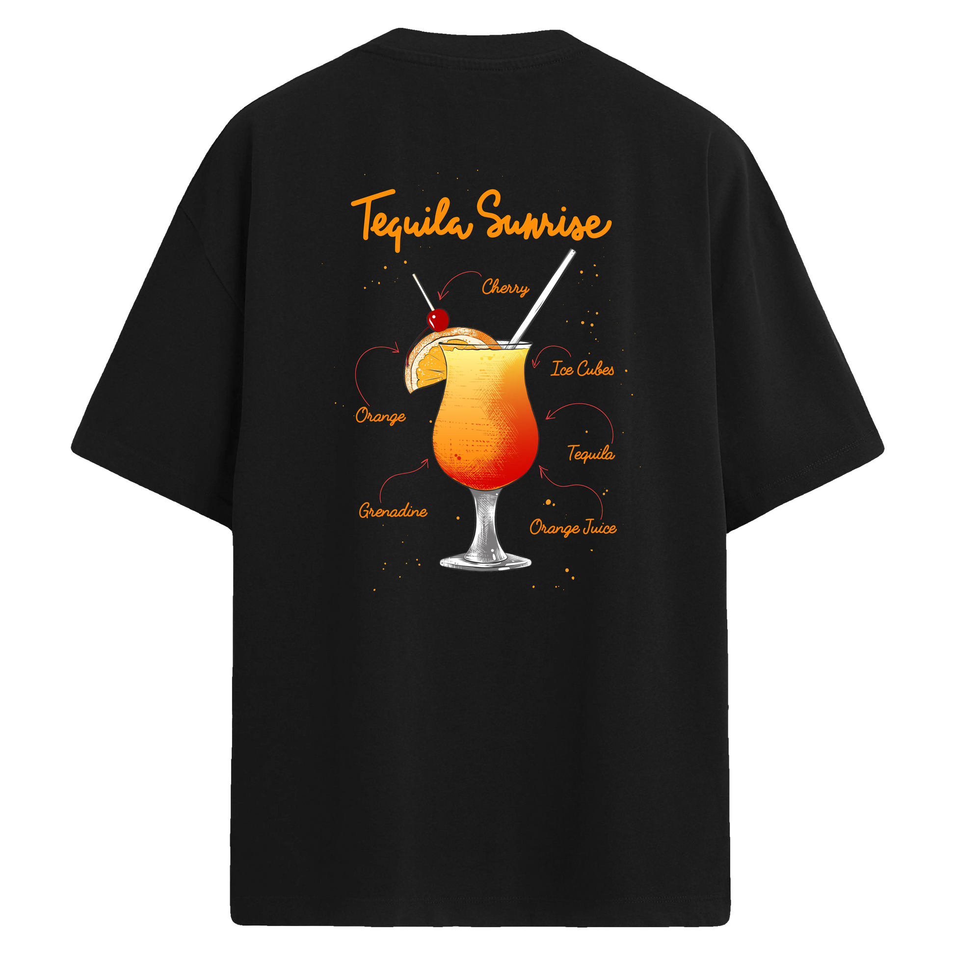 Tequila Sunrise baskılı, kokteyl tarifli oversize sırt detaylı tişört