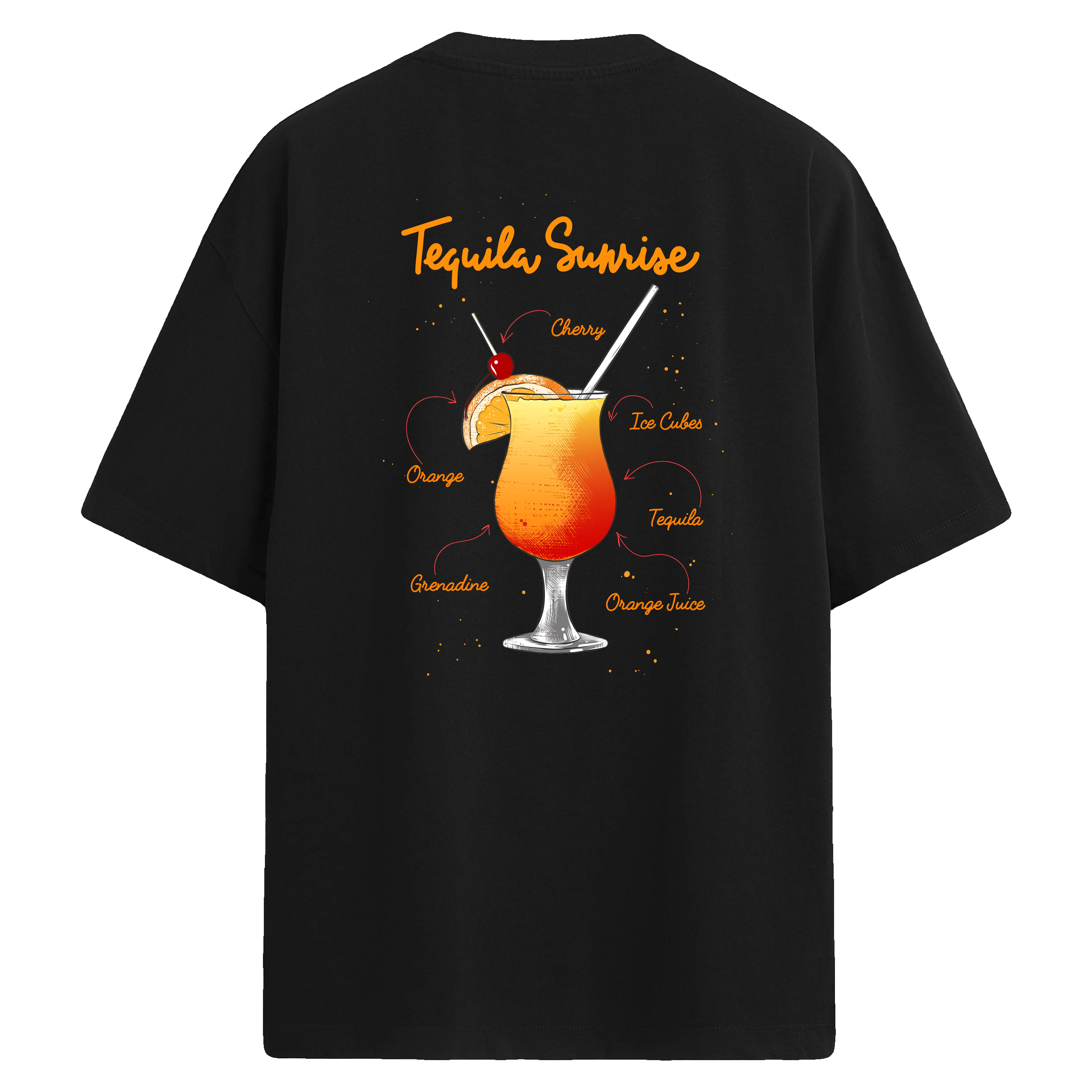 Tequila Sunrise baskılı, kokteyl tarifli oversize sırt detaylı tişört