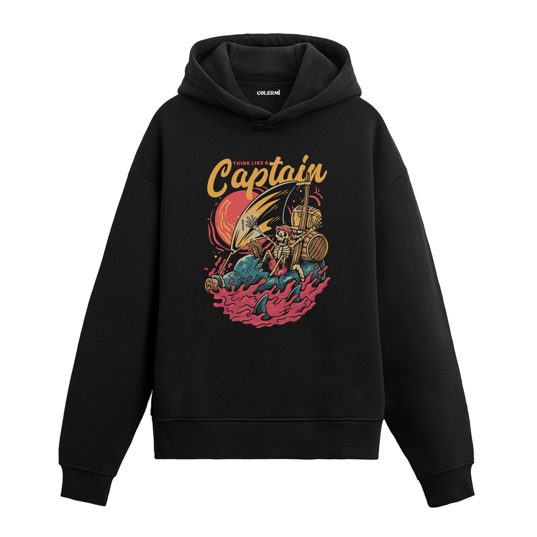 Think Like a Captain yazılı siyah hoodie – denizci temalı kaptan figürlü retro tasarım