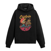 Think Like a Captain yazılı siyah hoodie – denizci temalı kaptan figürlü retro tasarım