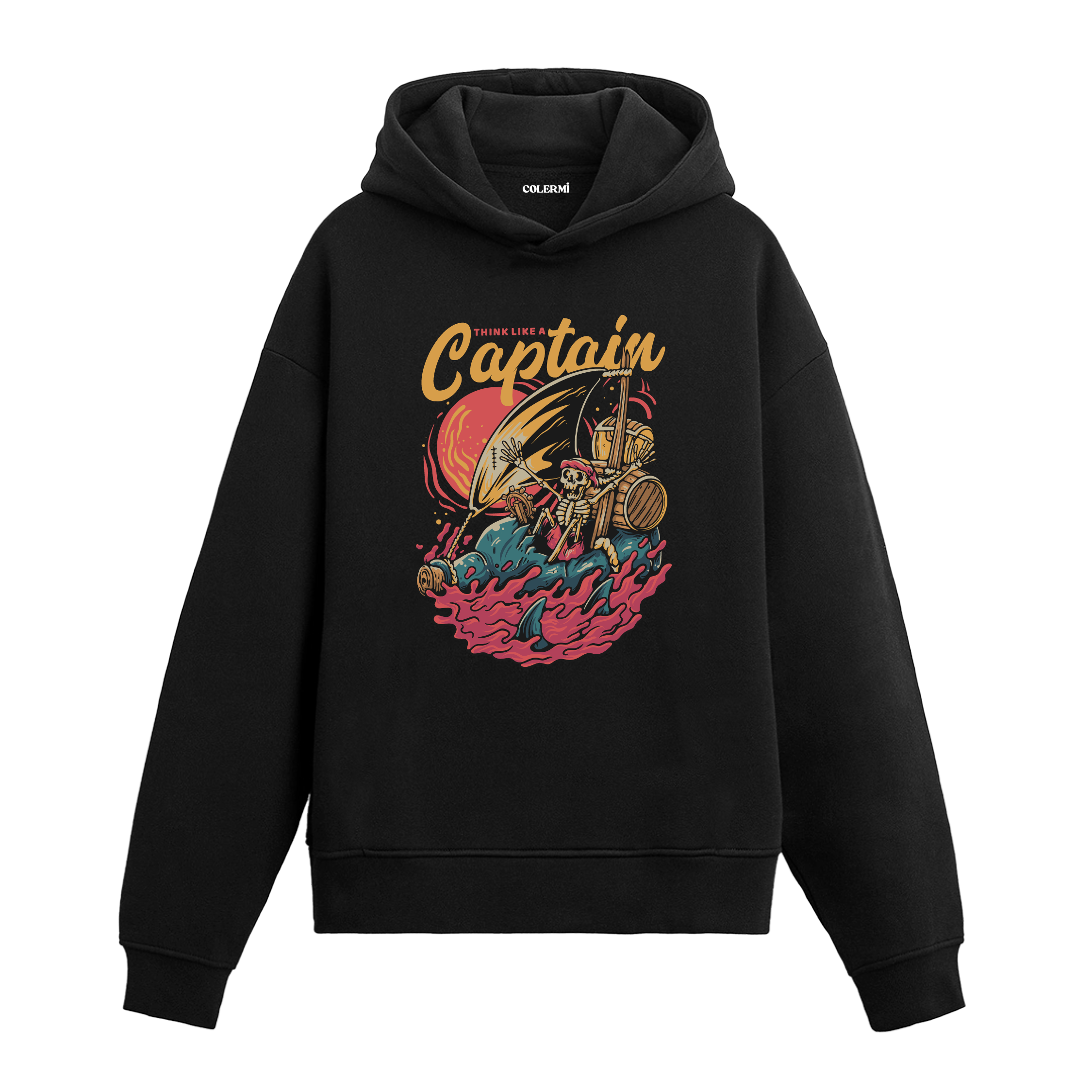 Think Like a Captain yazılı siyah hoodie – denizci temalı kaptan figürlü retro tasarım