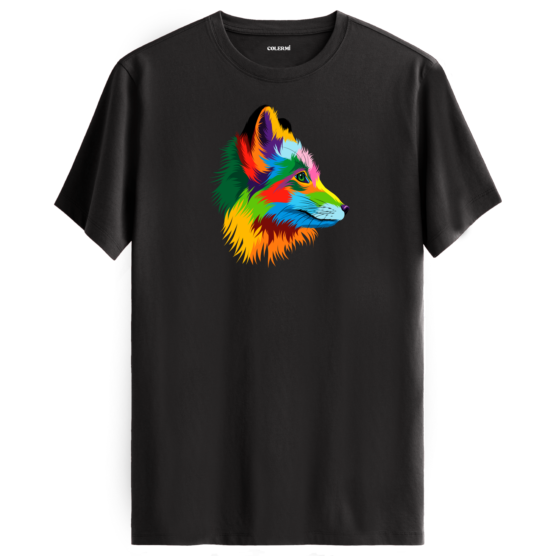 Antrasit tişört üzerinde renkli tilki tasarımı