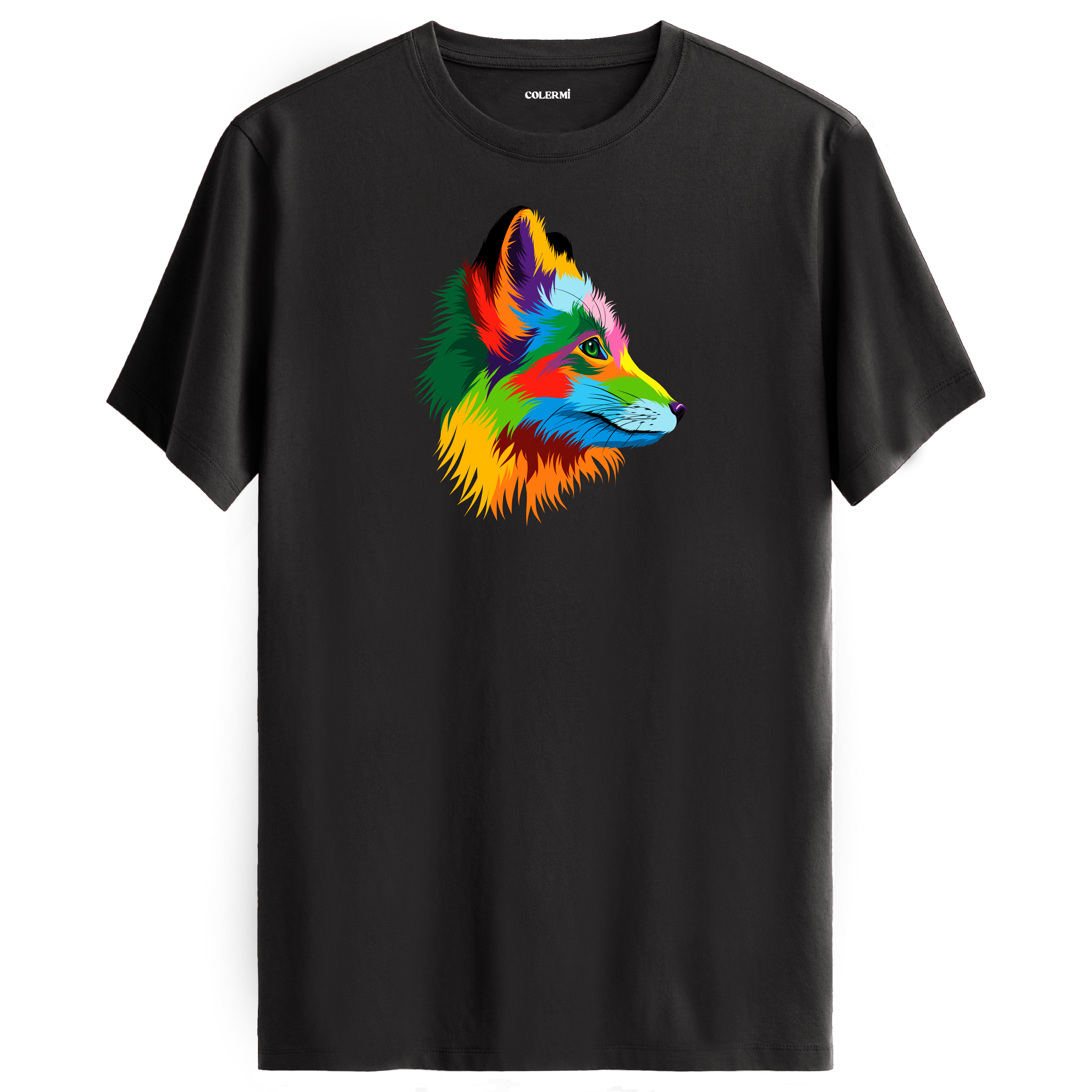 Antrasit tişört üzerinde renkli tilki tasarımı