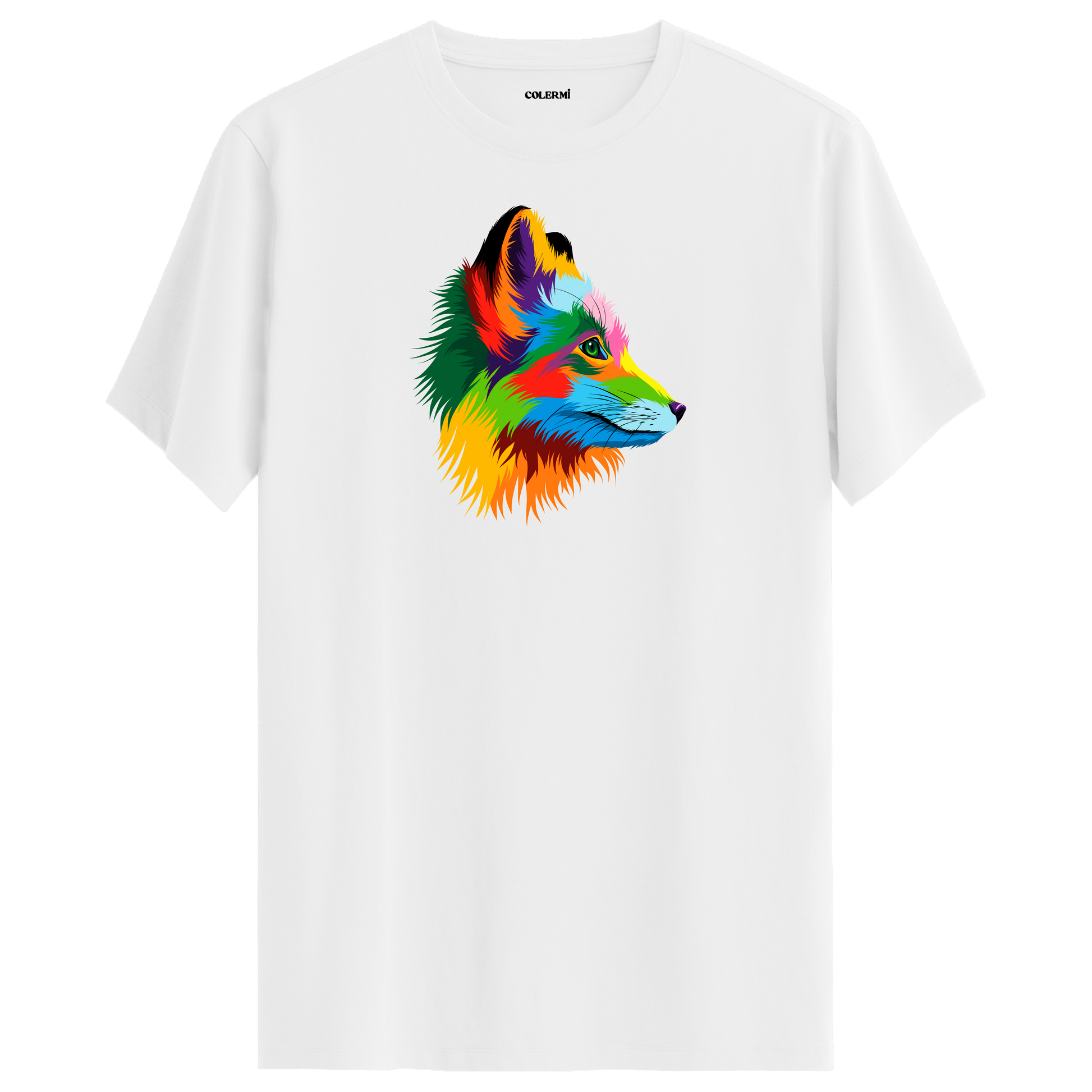 Beyaz tişört üzerinde renkli tilki tasarımı