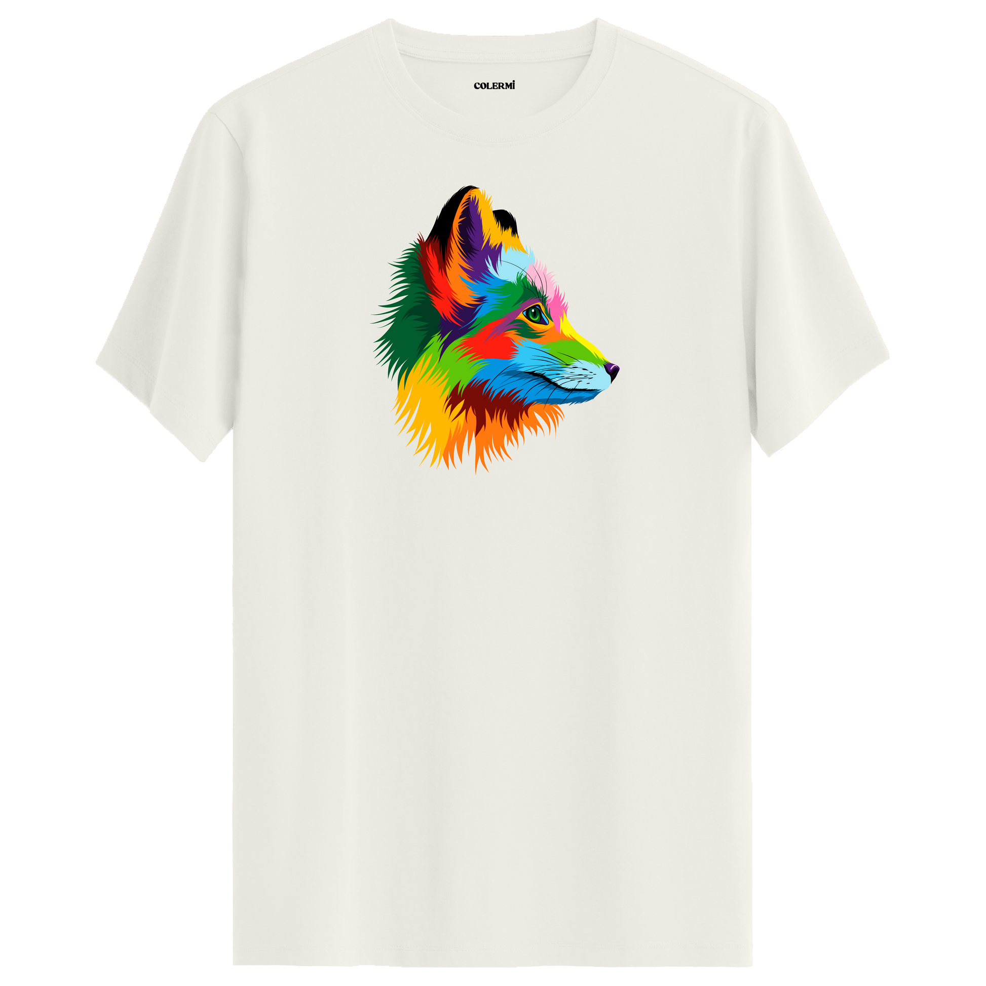 Ekru tişört üzerinde renkli tilki tasarımı