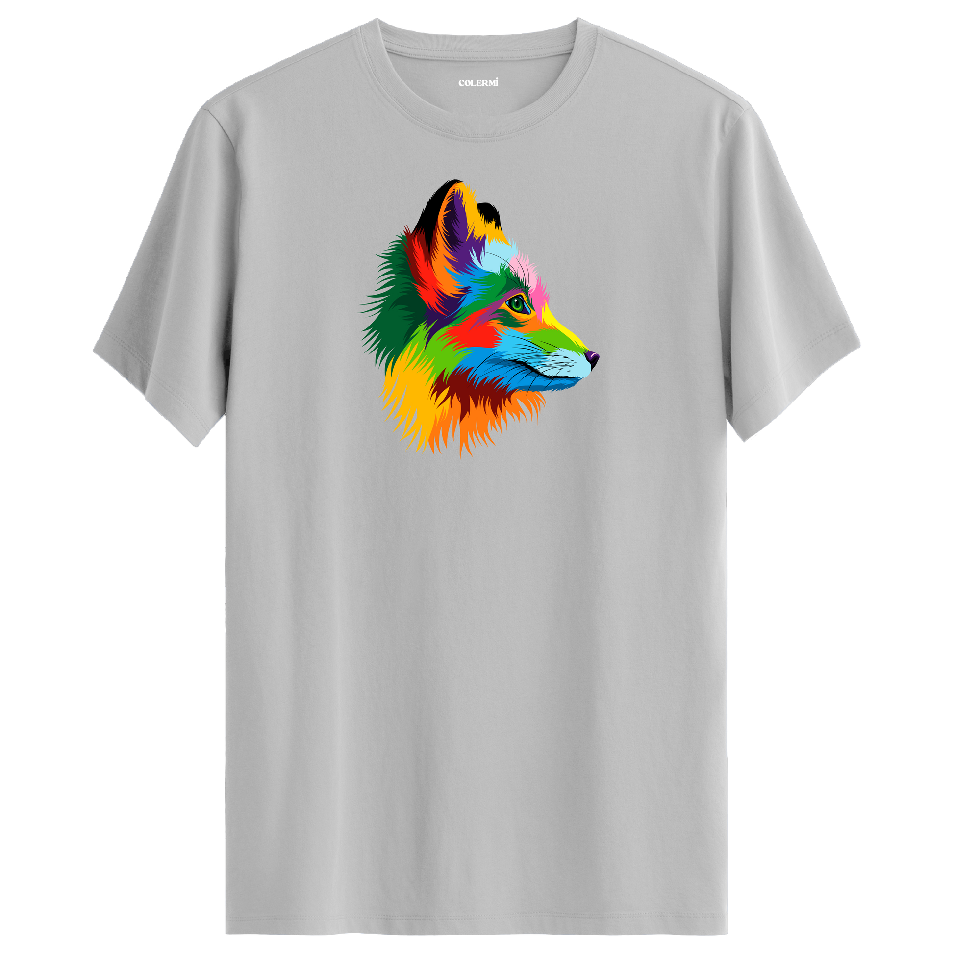Gri tişört üzerinde renkli tilki tasarımı