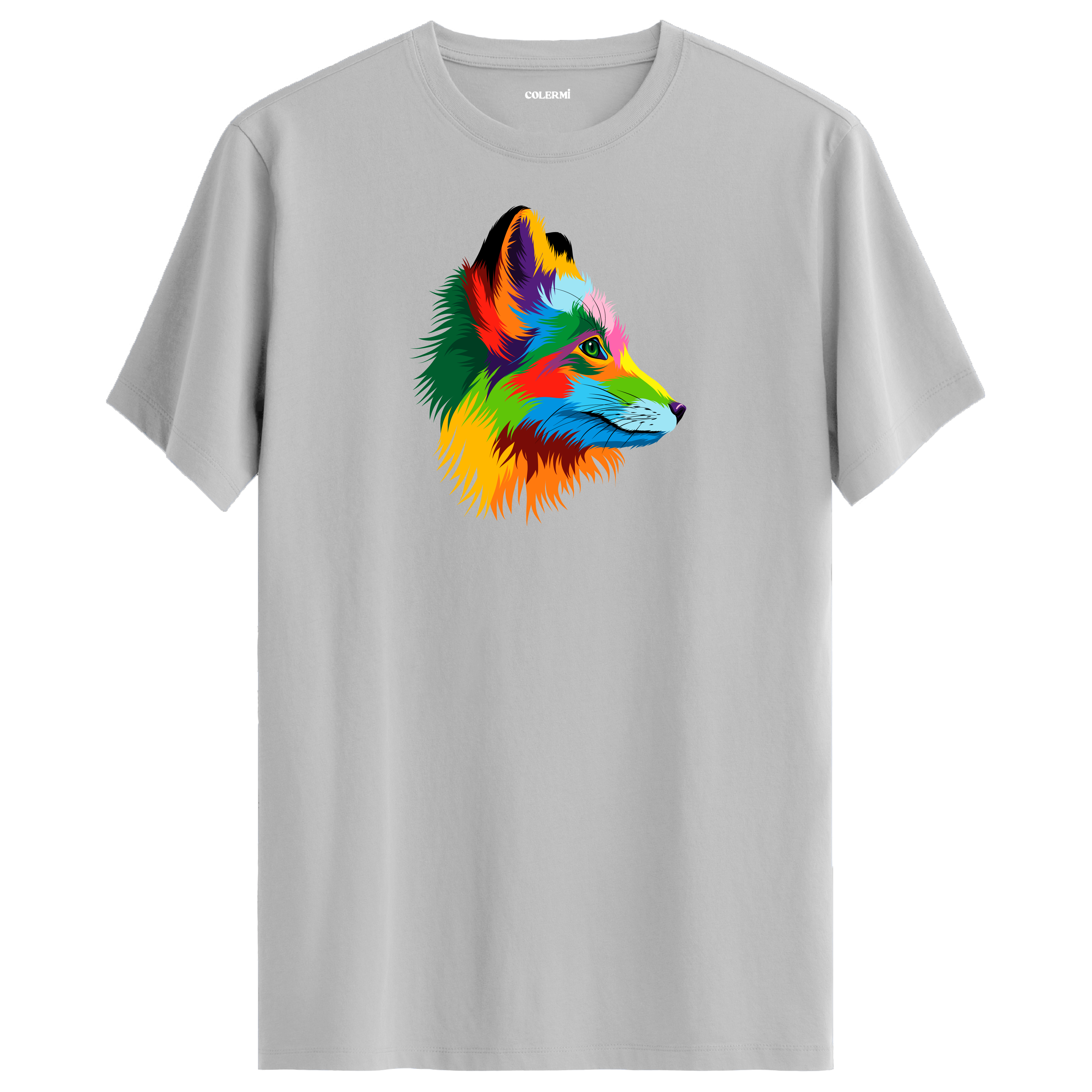 Gri tişört üzerinde renkli tilki tasarımı