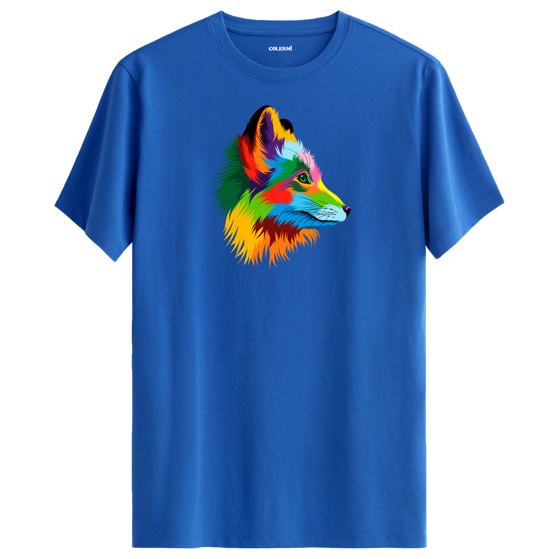 Mavi tişört üzerinde renkli tilki tasarımı