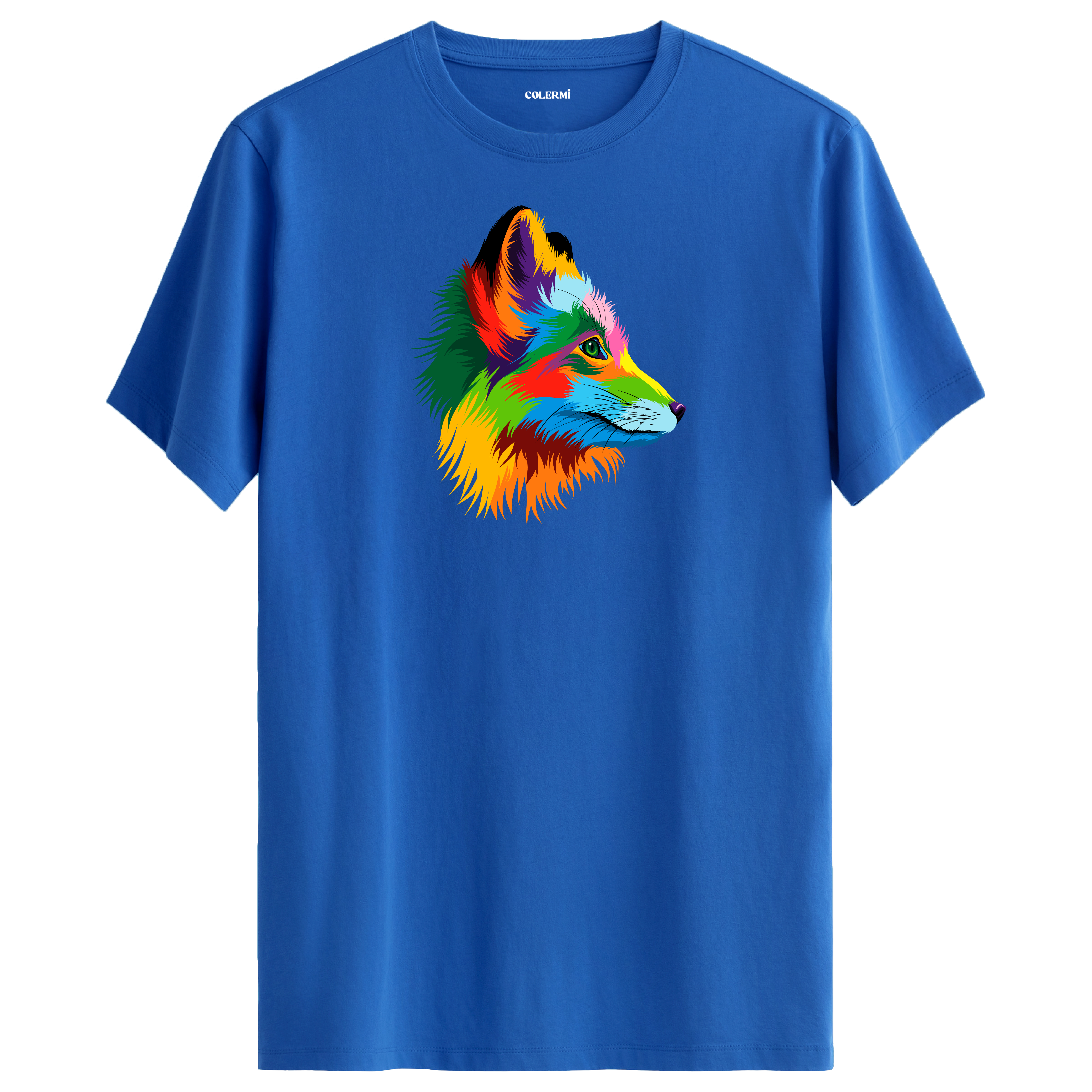 Mavi tişört üzerinde renkli tilki tasarımı