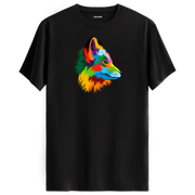 Siyah tişört üzerinde renkli tilki tasarımı