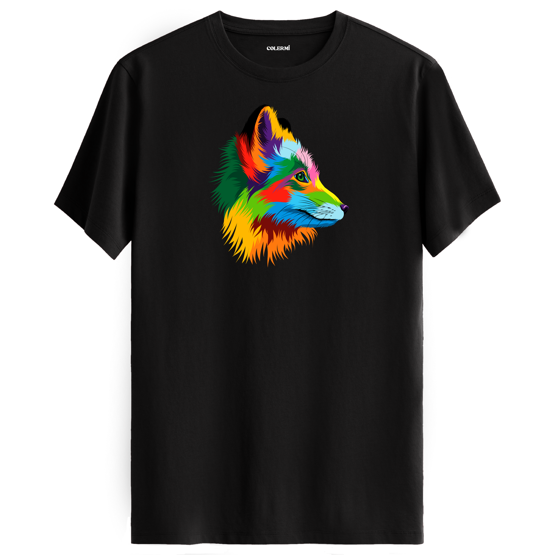Siyah tişört üzerinde renkli tilki tasarımı