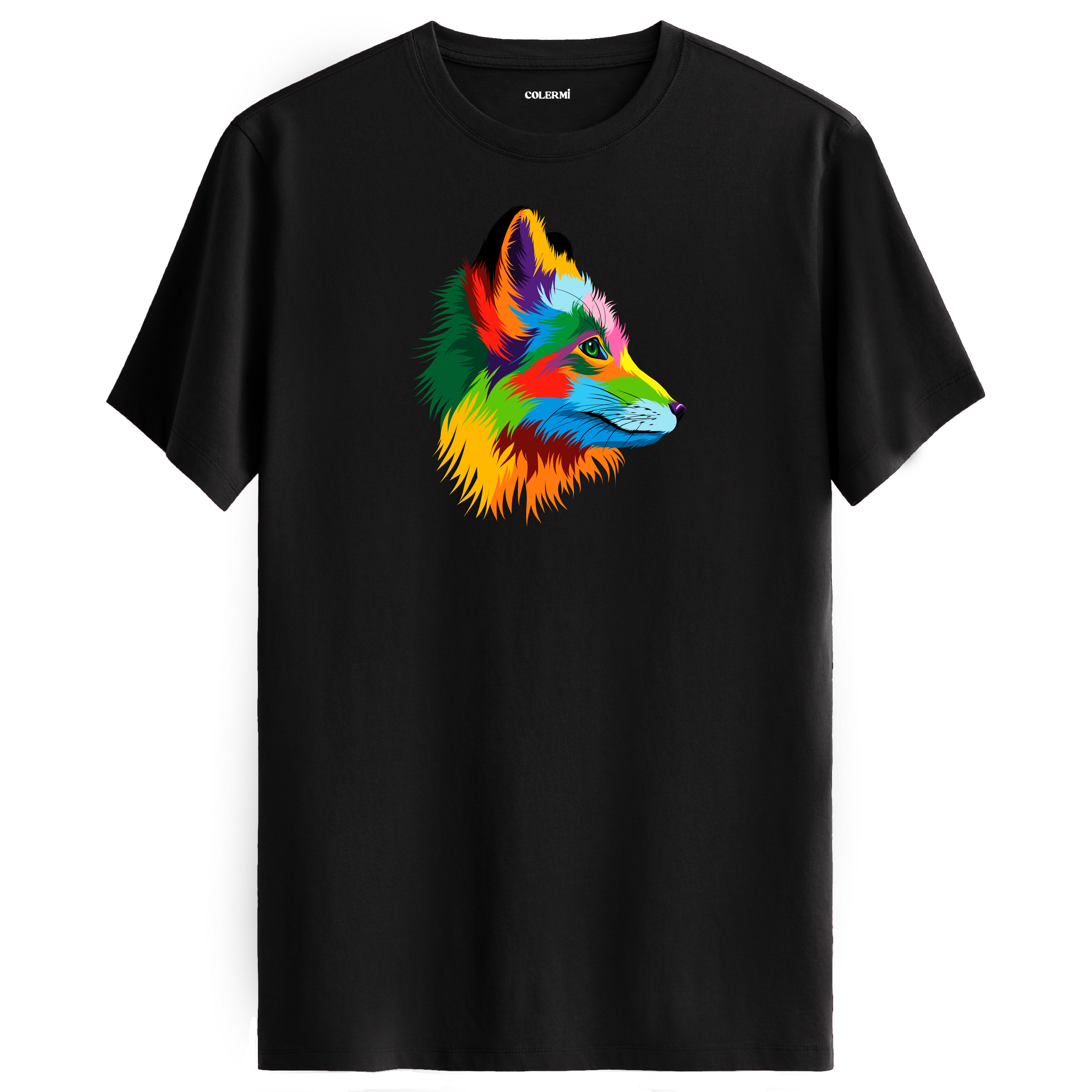 Siyah tişört üzerinde renkli tilki tasarımı