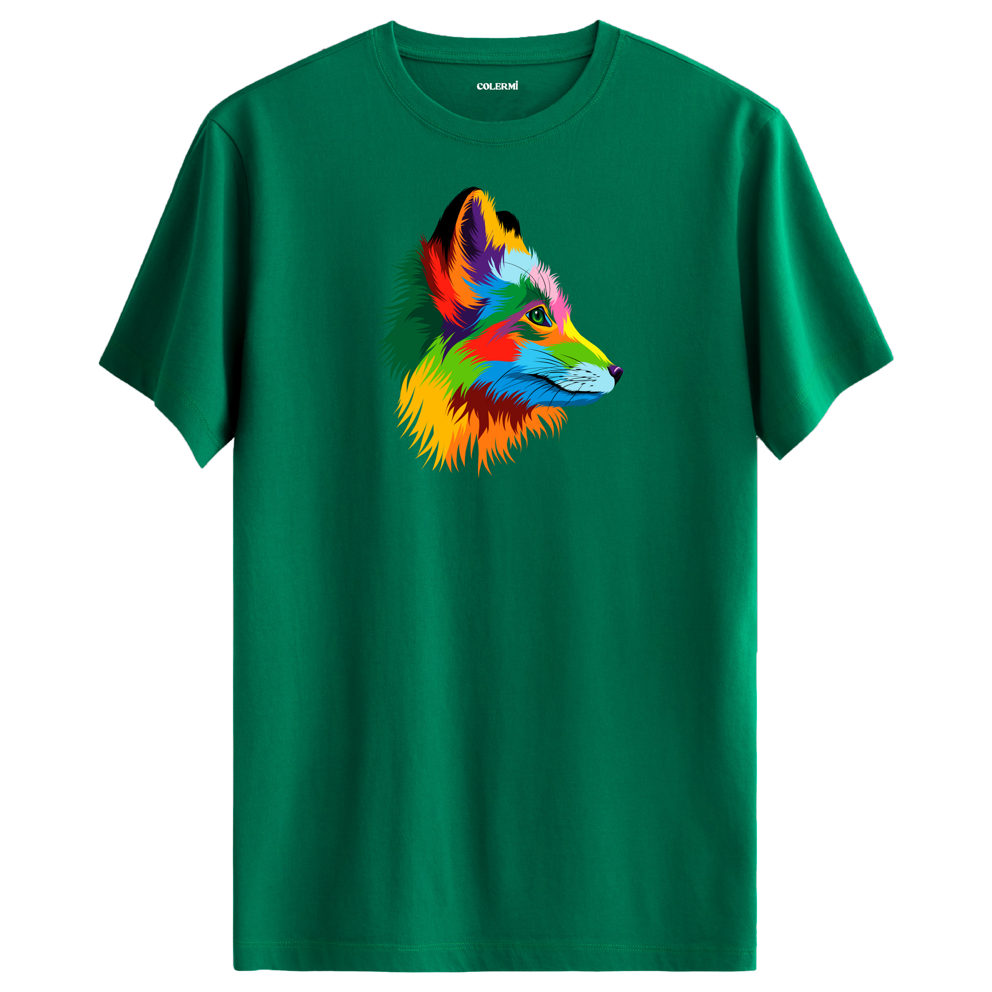 Yeşil tişört üzerinde renkli tilki tasarımı