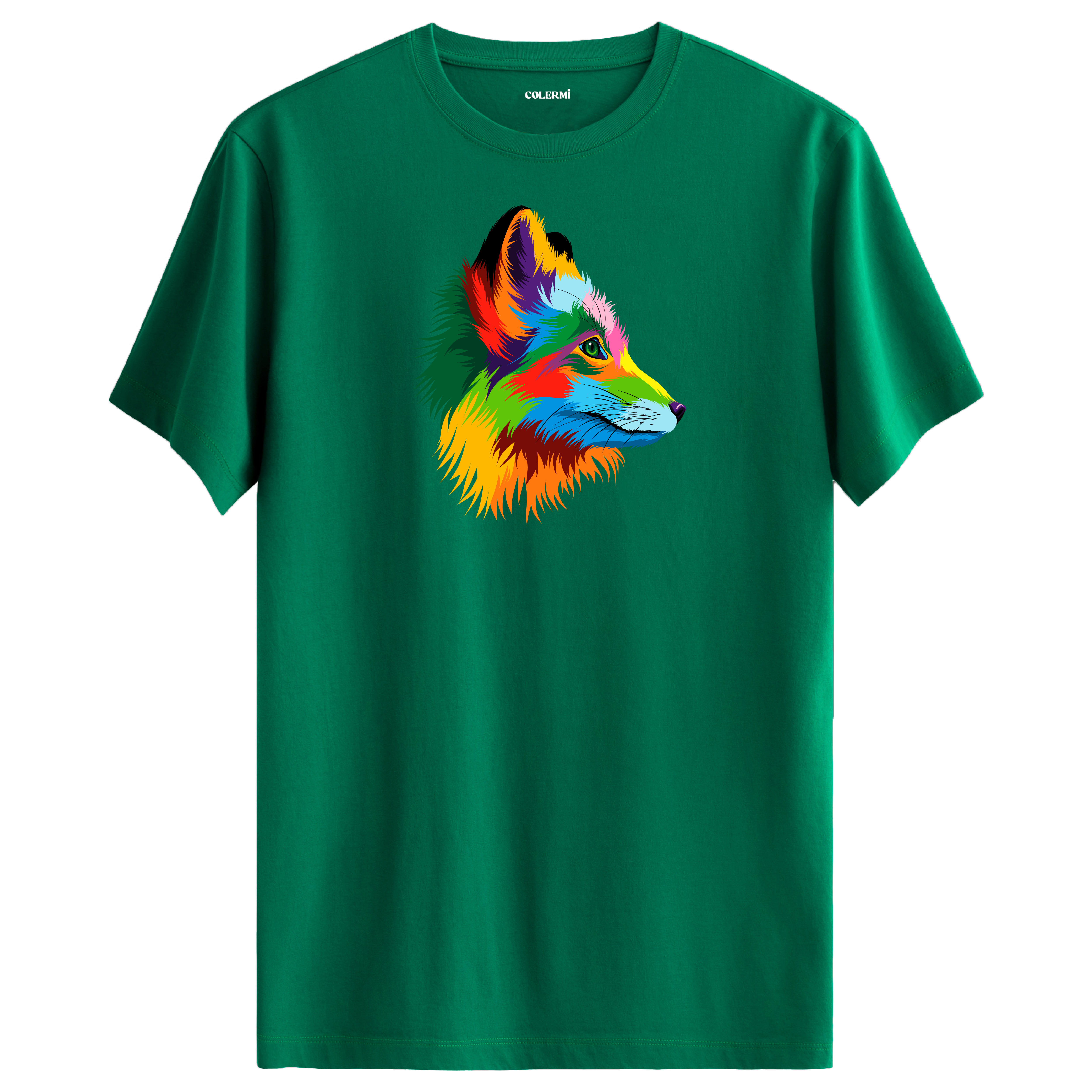 Yeşil tişört üzerinde renkli tilki tasarımı