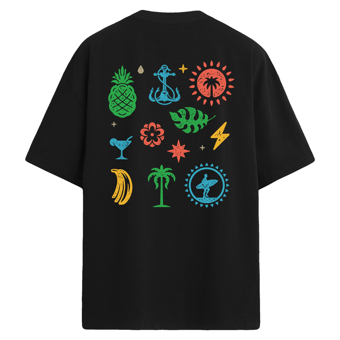 Tropikal temalı, renkli simge ve figürlerle tasarlanmış sırt baskılı oversize tişört