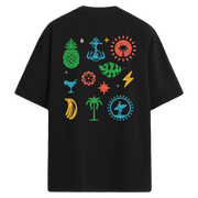 Tropikal temalı, renkli simge ve figürlerle tasarlanmış sırt baskılı oversize tişört