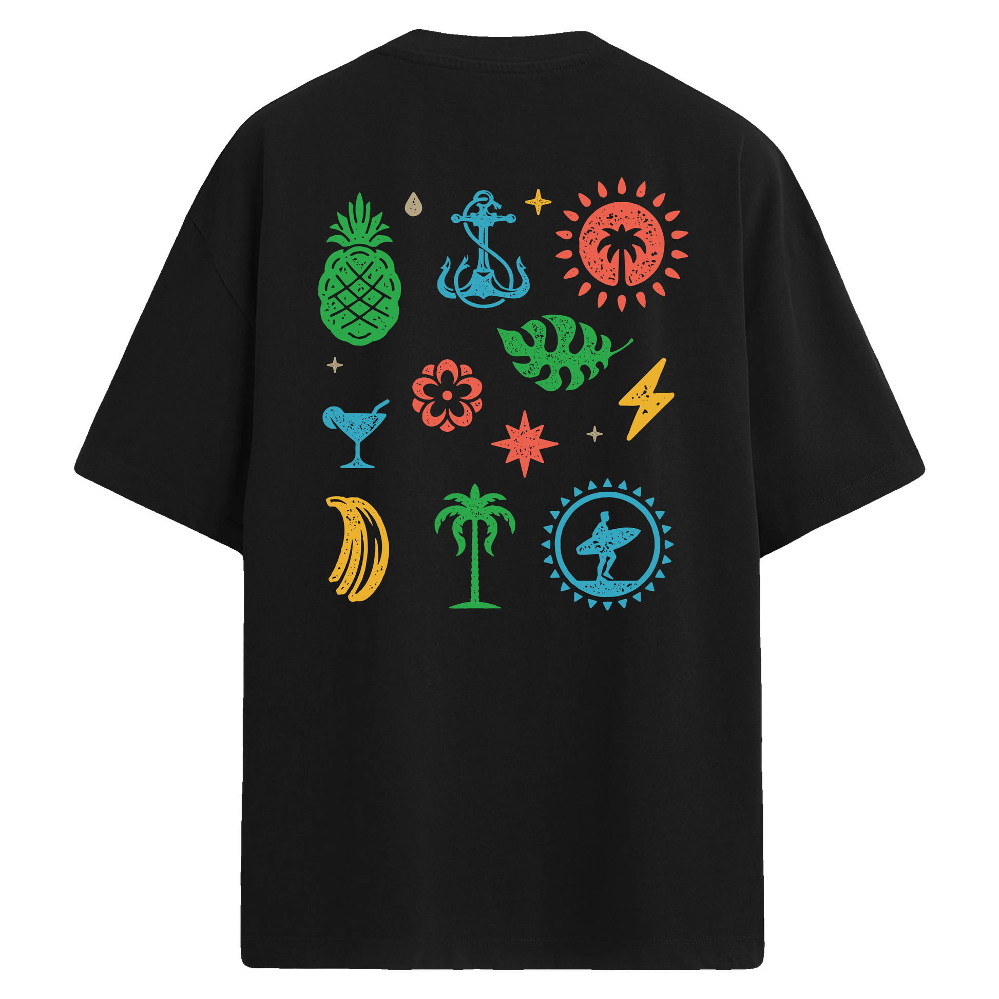 Tropikal temalı, renkli simge ve figürlerle tasarlanmış sırt baskılı oversize tişört