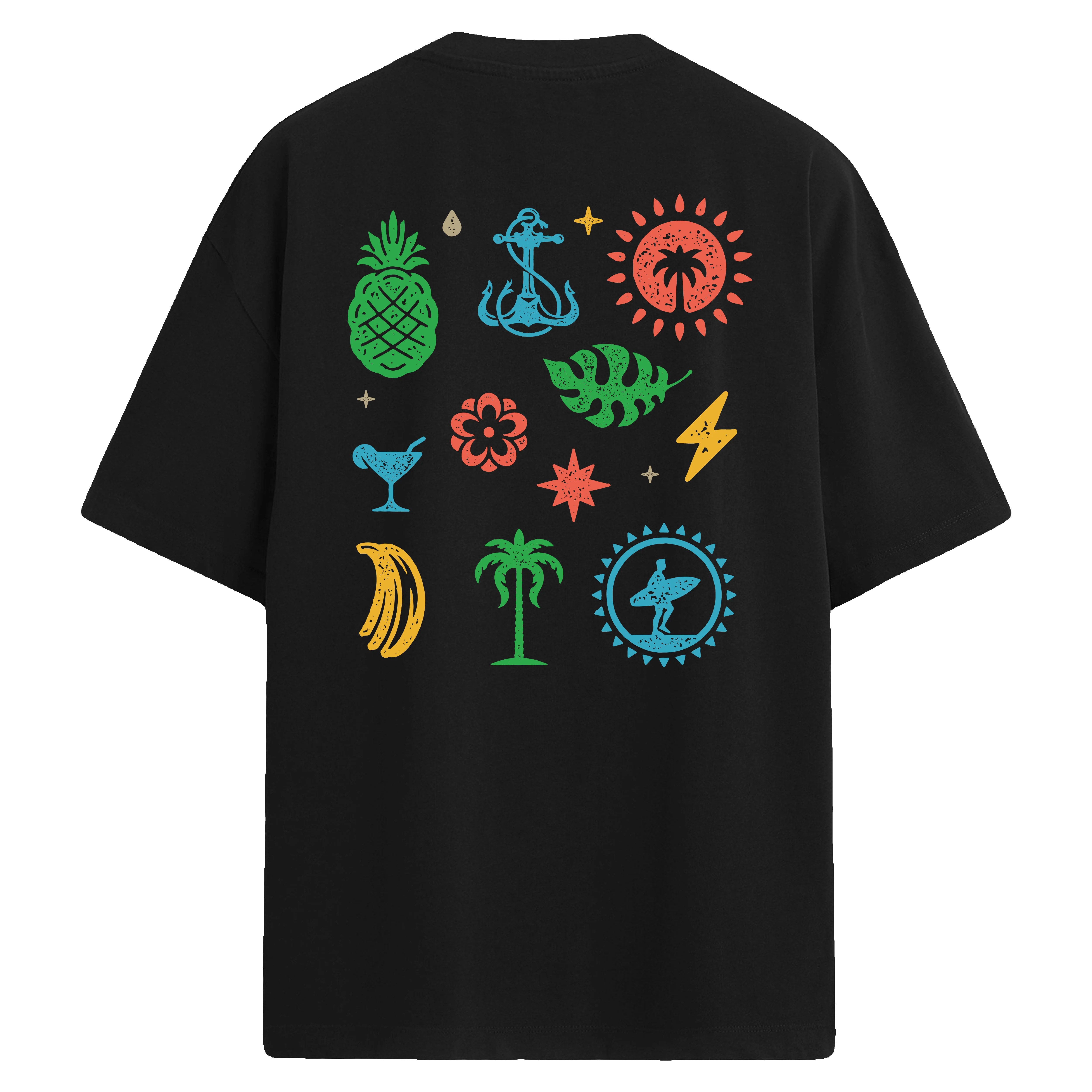 Tropikal temalı, renkli simge ve figürlerle tasarlanmış sırt baskılı oversize tişört