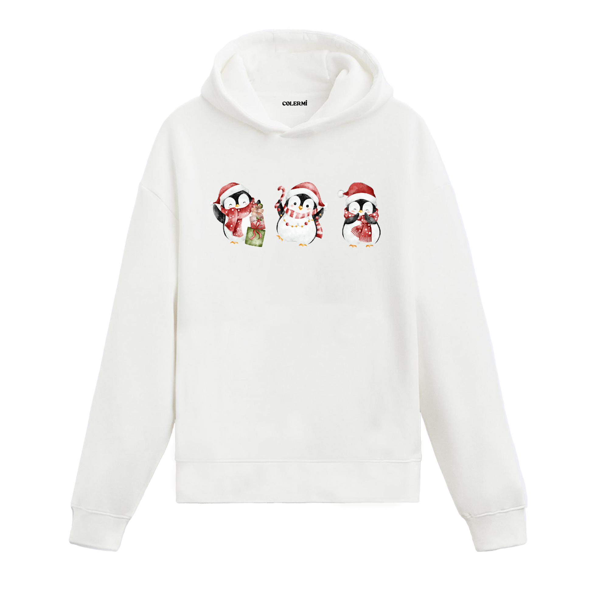 Beyaz hoodie, hediye ve baston şeker detaylı üç penguen baskısı, pamuklu unisex hoodie